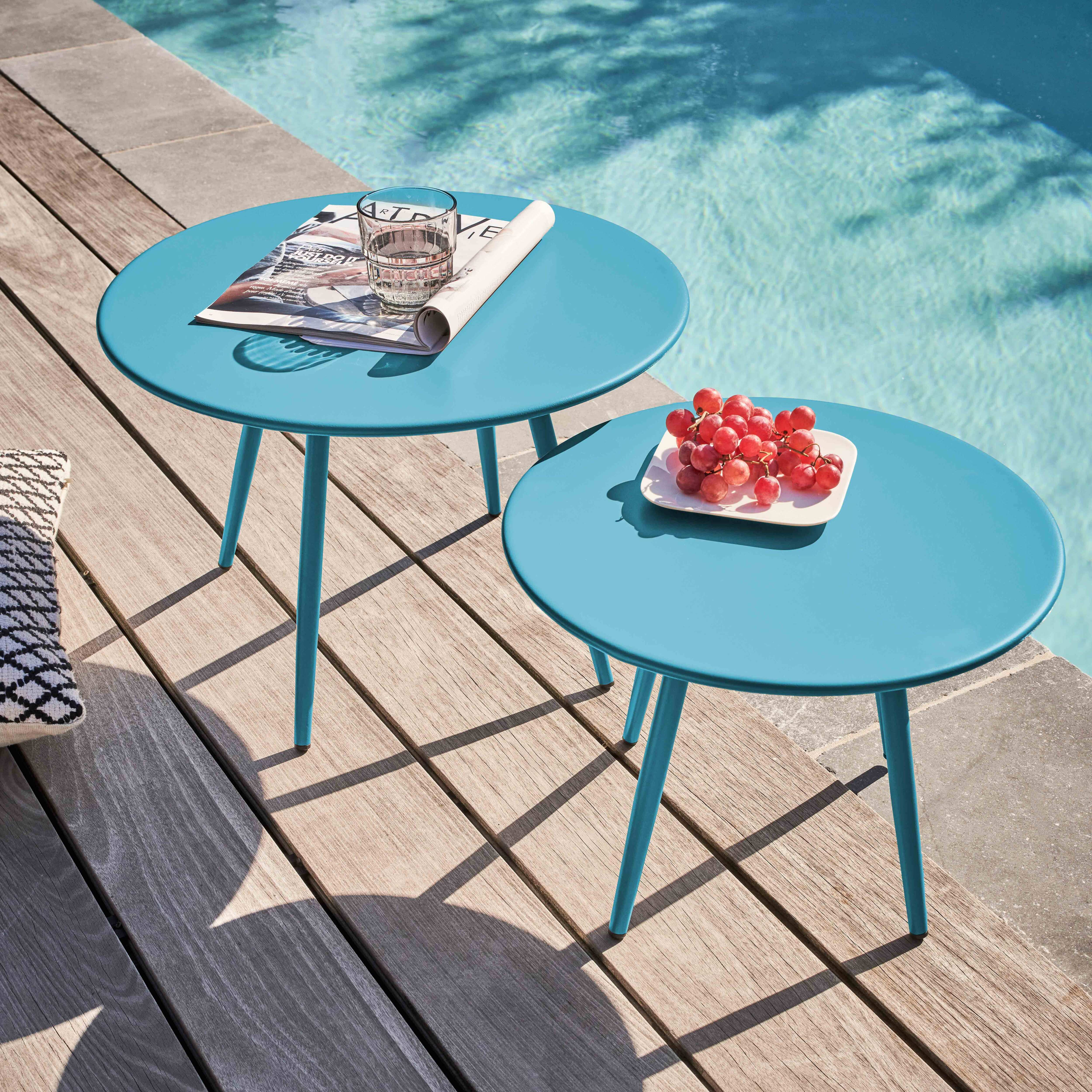 Zwei türkisfarbene Tische auf einer Holzterrasse mit Pool im Hintergrund. Ein Tisch hat ein Glas und eine Zeitschrift, der andere Trauben.