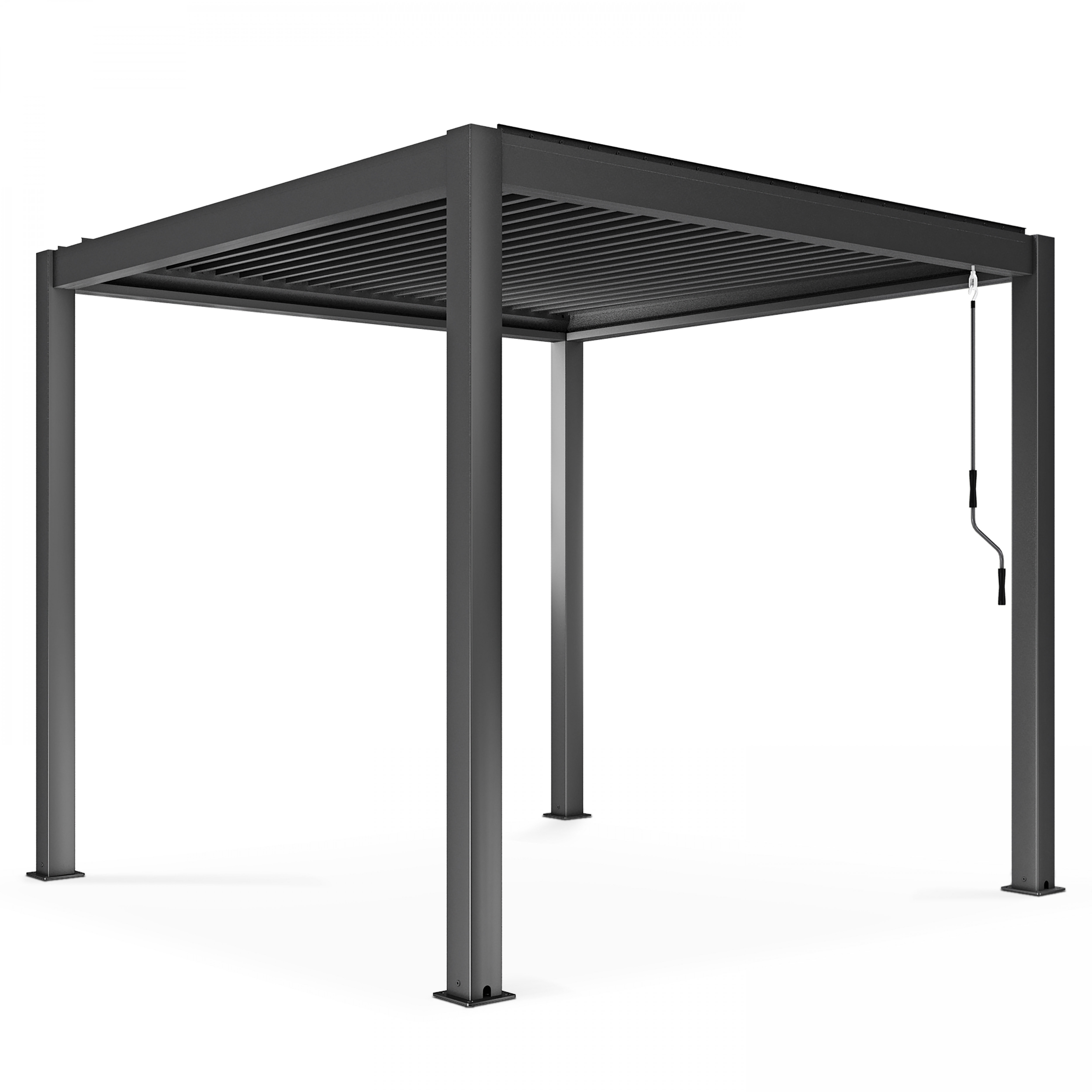 Dunkelgraue Metallpergola mit Lamellendach auf weißem Grund. Eine Kurbel hängt vom Dach.