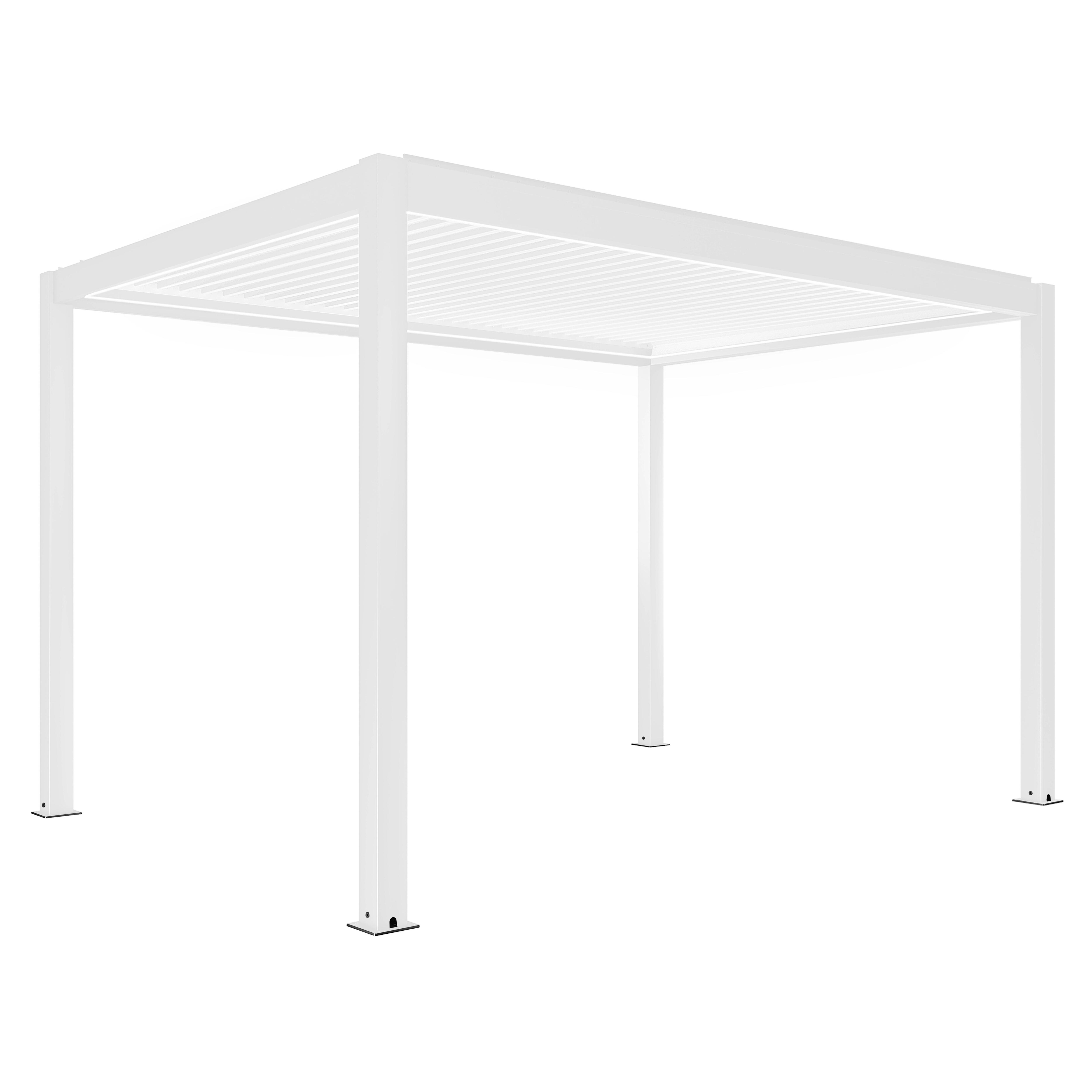 Eine weiße Pergola mit Lamellendach steht auf weißem Hintergrund. Sie hat vier Stützpfosten.