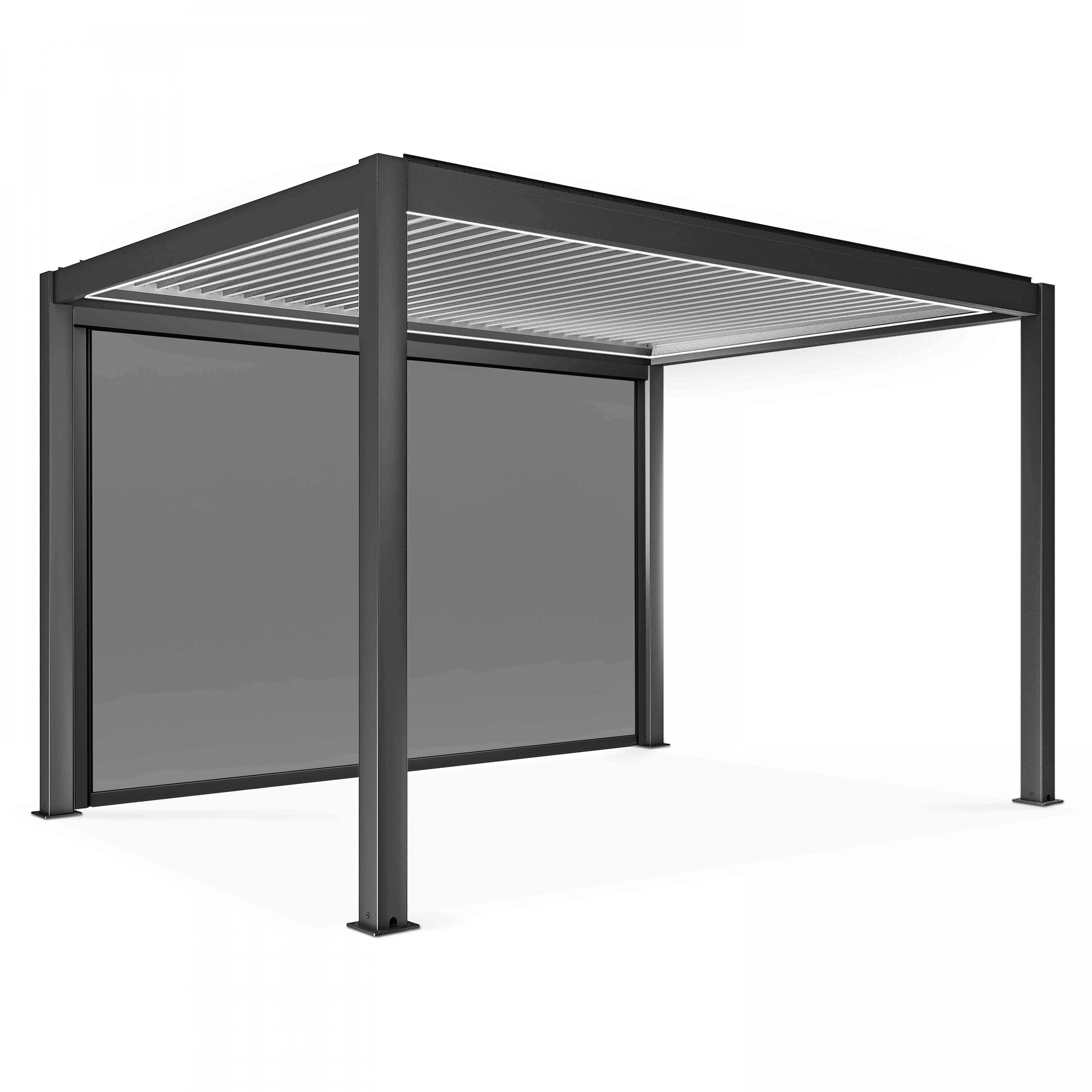 Moderne, graue Pergola mit Lamellendach und einziehbaren Seitenteilen auf weißem Hintergrund.