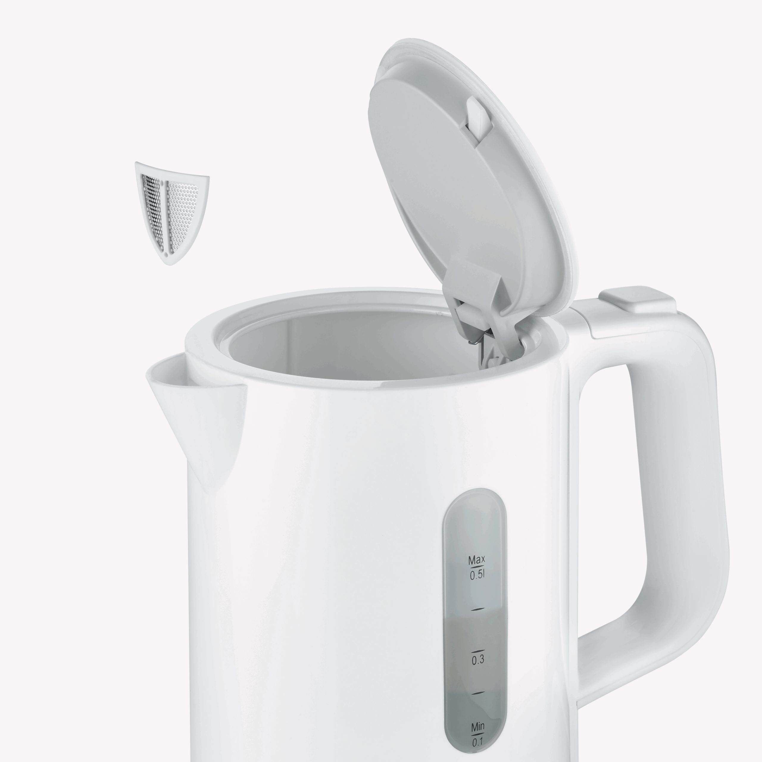 Une bouilloire électrique blanche avec un couvercle ouvert. Un filtre amovible flotte près de la bouilloire. Indicateur de niveau d'eau.