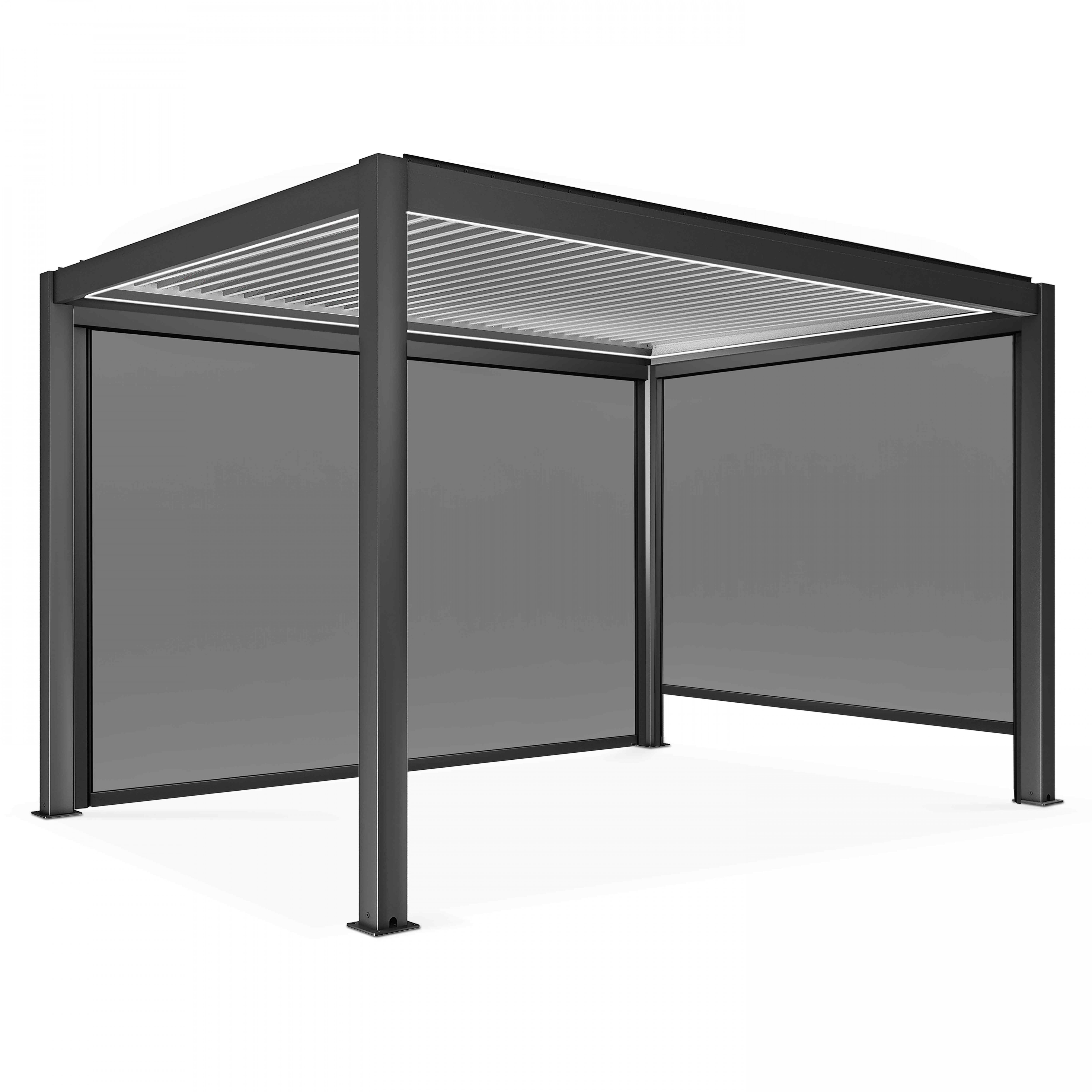 Eine moderne graue Pergola mit ausziehbaren Jalousien. Sie hat ein Lamellendach und vier Stützpfosten auf weißem Hintergrund.
