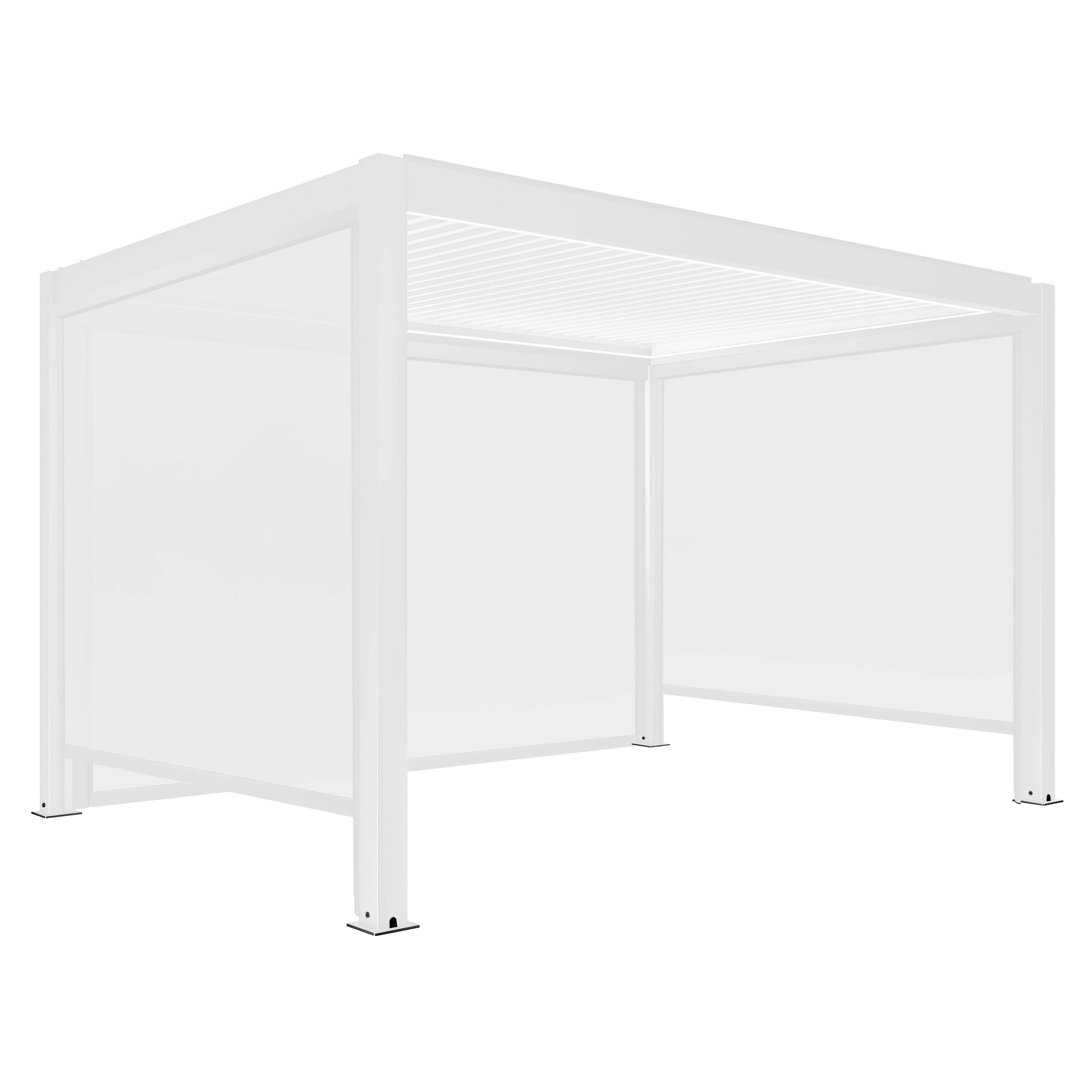 Eine weiße Pergola mit Lamellendach wird auf weißem Hintergrund gezeigt. Es hat vier vertikale Säulen und eine Kreuzbasis.