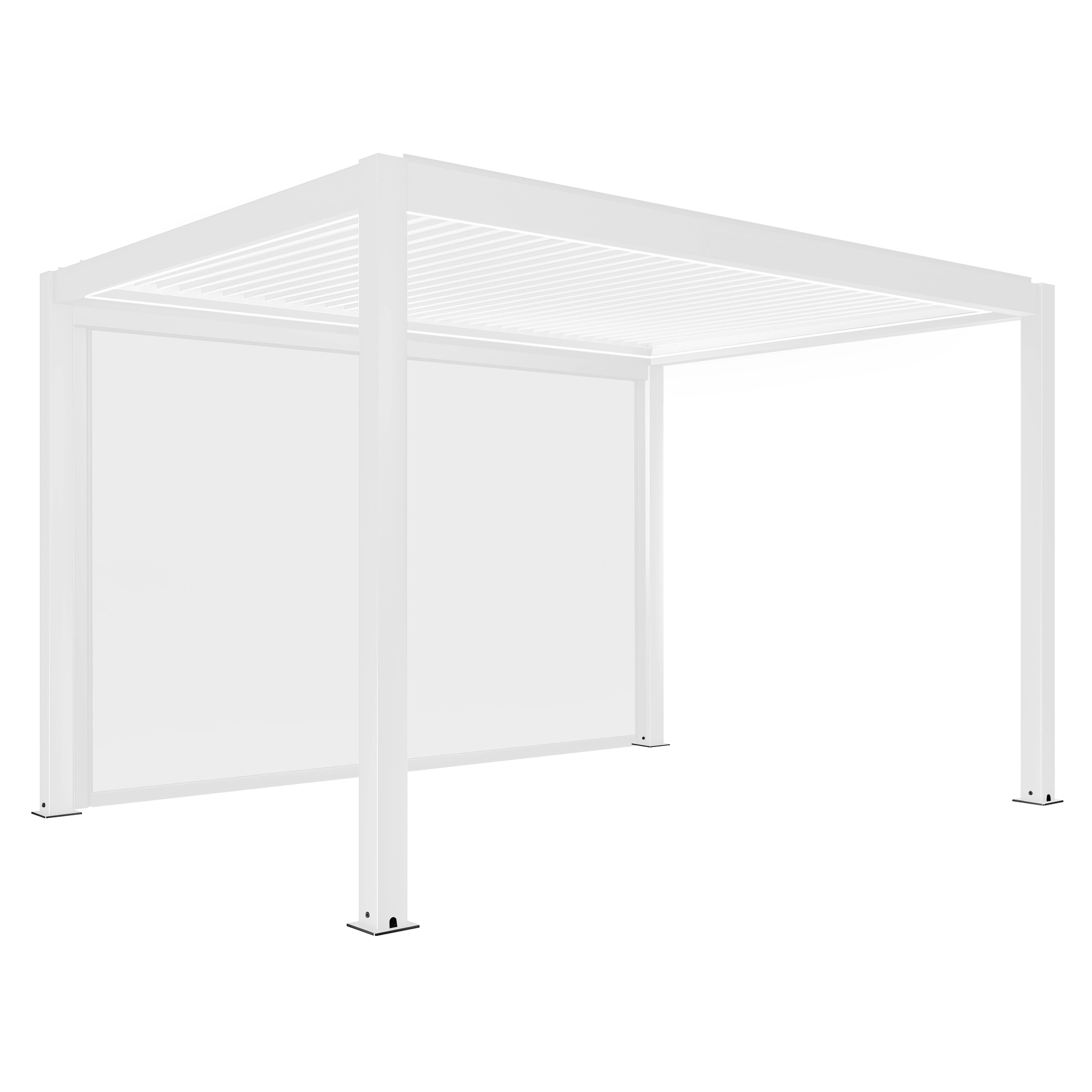 Eine weiße Pergola mit Lamellendach und weißer Leinwand. Es hat vier Stützpfeiler.