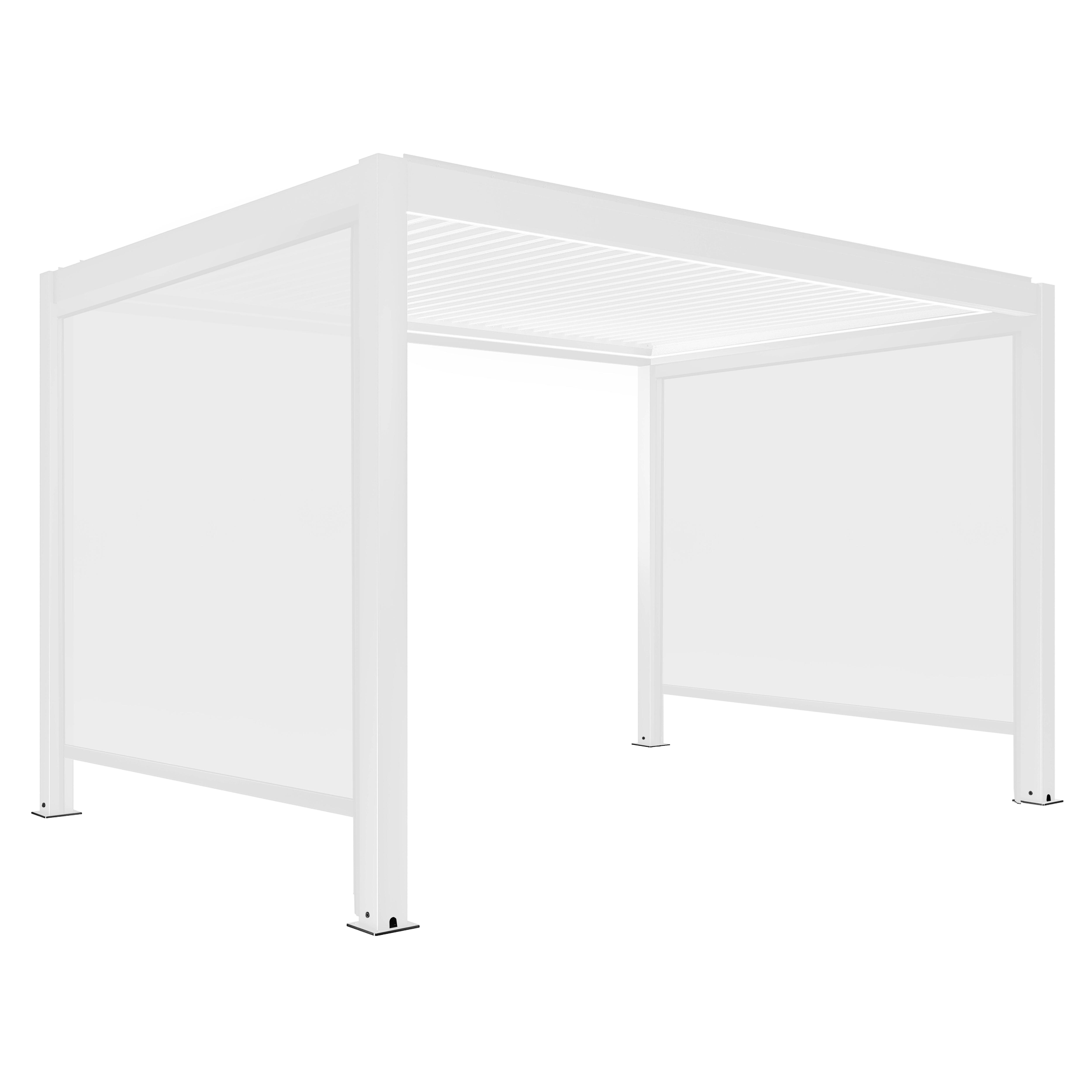 Eine weiße Pergola mit Lamellendach und weißen Stoffseitenwänden steht auf weißem Hintergrund.