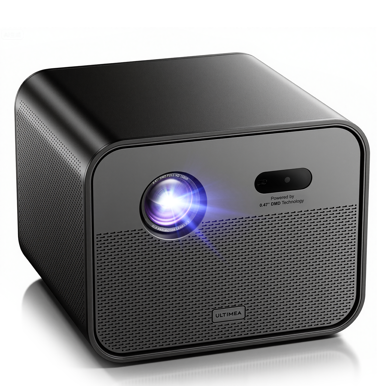 Un proyector negro con una lente que emite luz azul. La parte delantera tiene pequeños agujeros y se ve la marca 'ULTIMEA'.