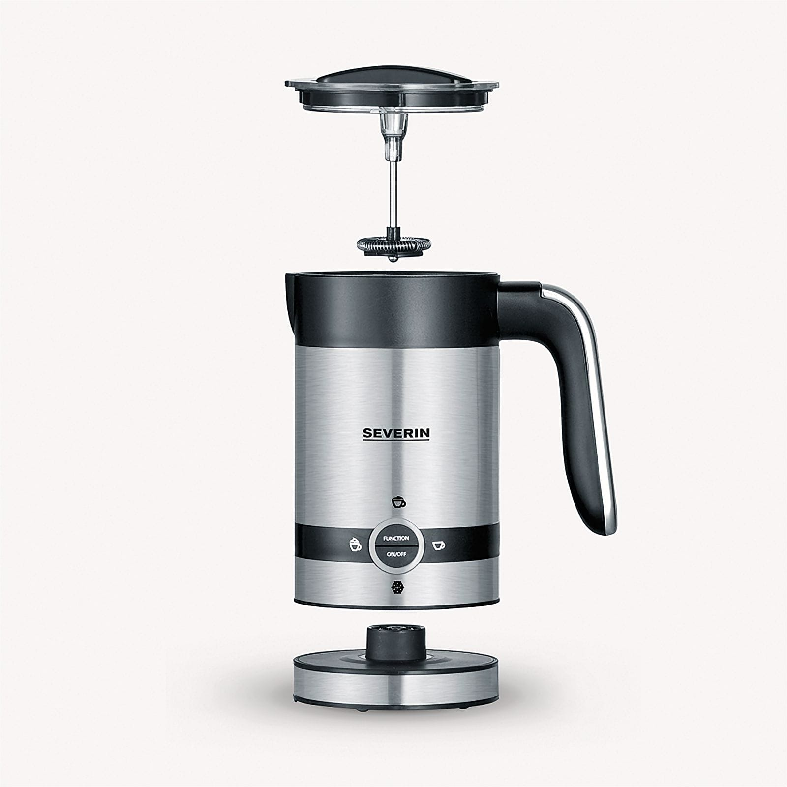 Spieniacz do mleka Severin, zdemontowany, pokazujący podstawę, korpus, pokrywę i przystawkę do spieniania. Schemat kolorów srebrny i czarny.
