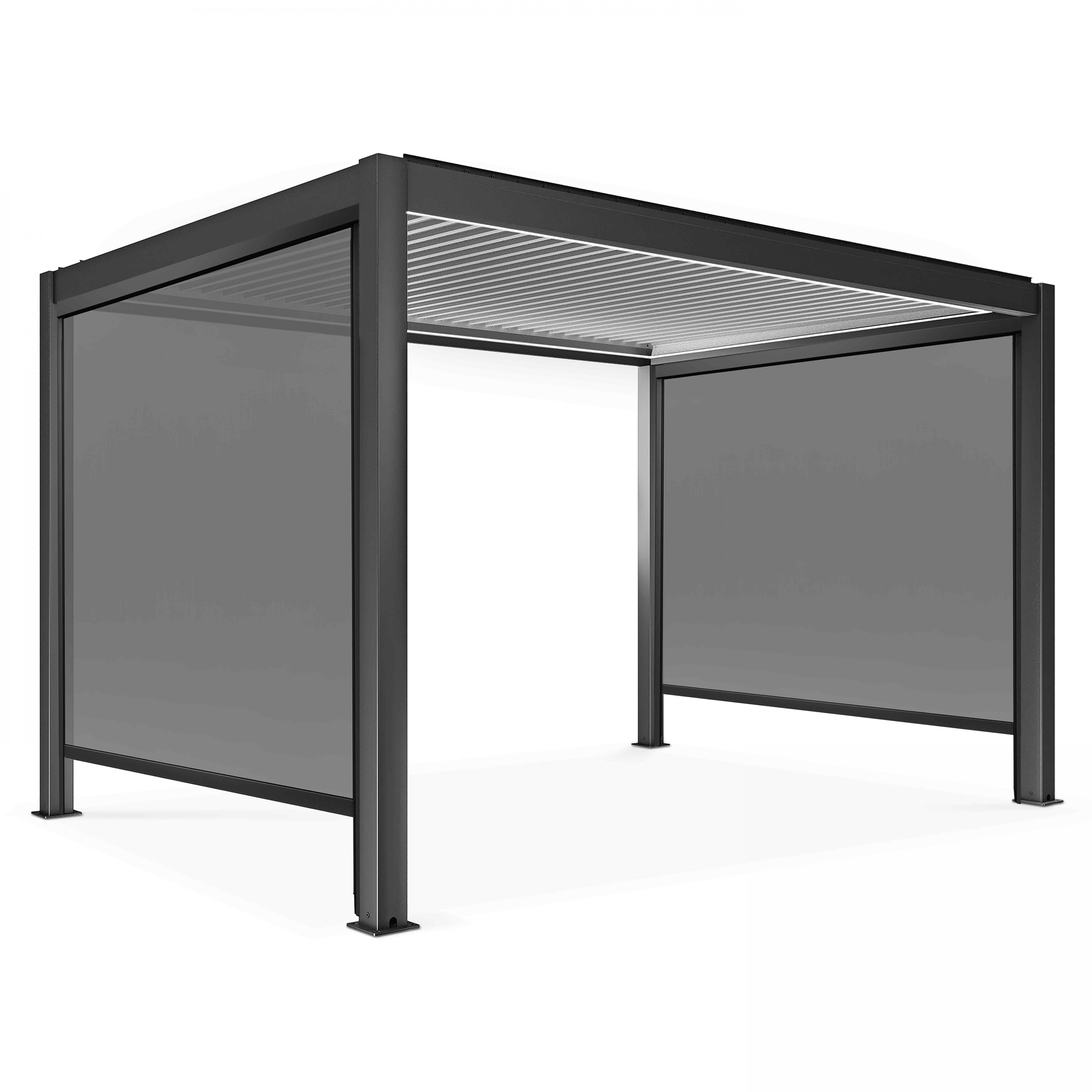 Eine moderne graue Pergola mit Lamellendach und Seitenteilen auf weißem Hintergrund.