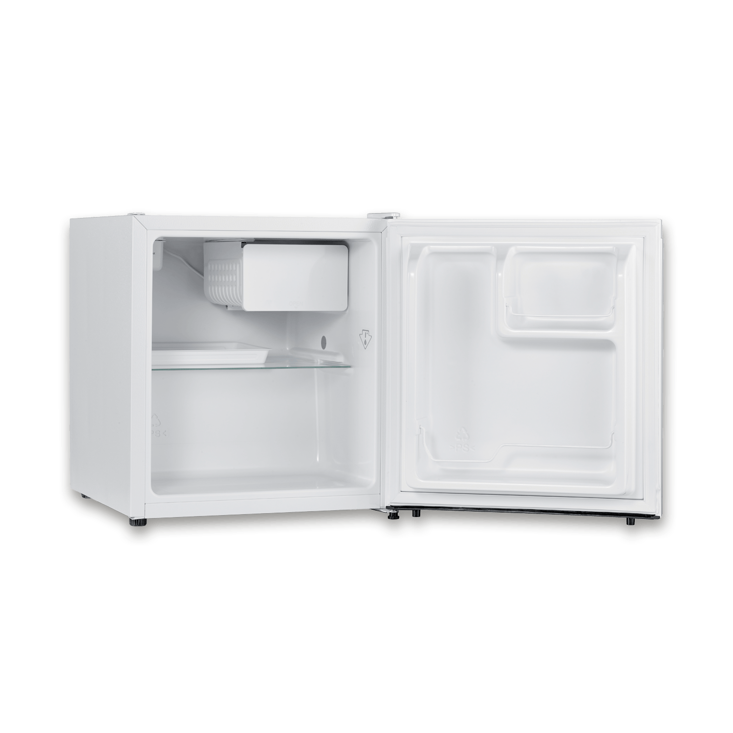 Un piccolo frigorifero bianco con la porta aperta. All'interno, c'è un ripiano, una piccola macchina per il ghiaccio e un vano porta. Lo sfondo è verde.