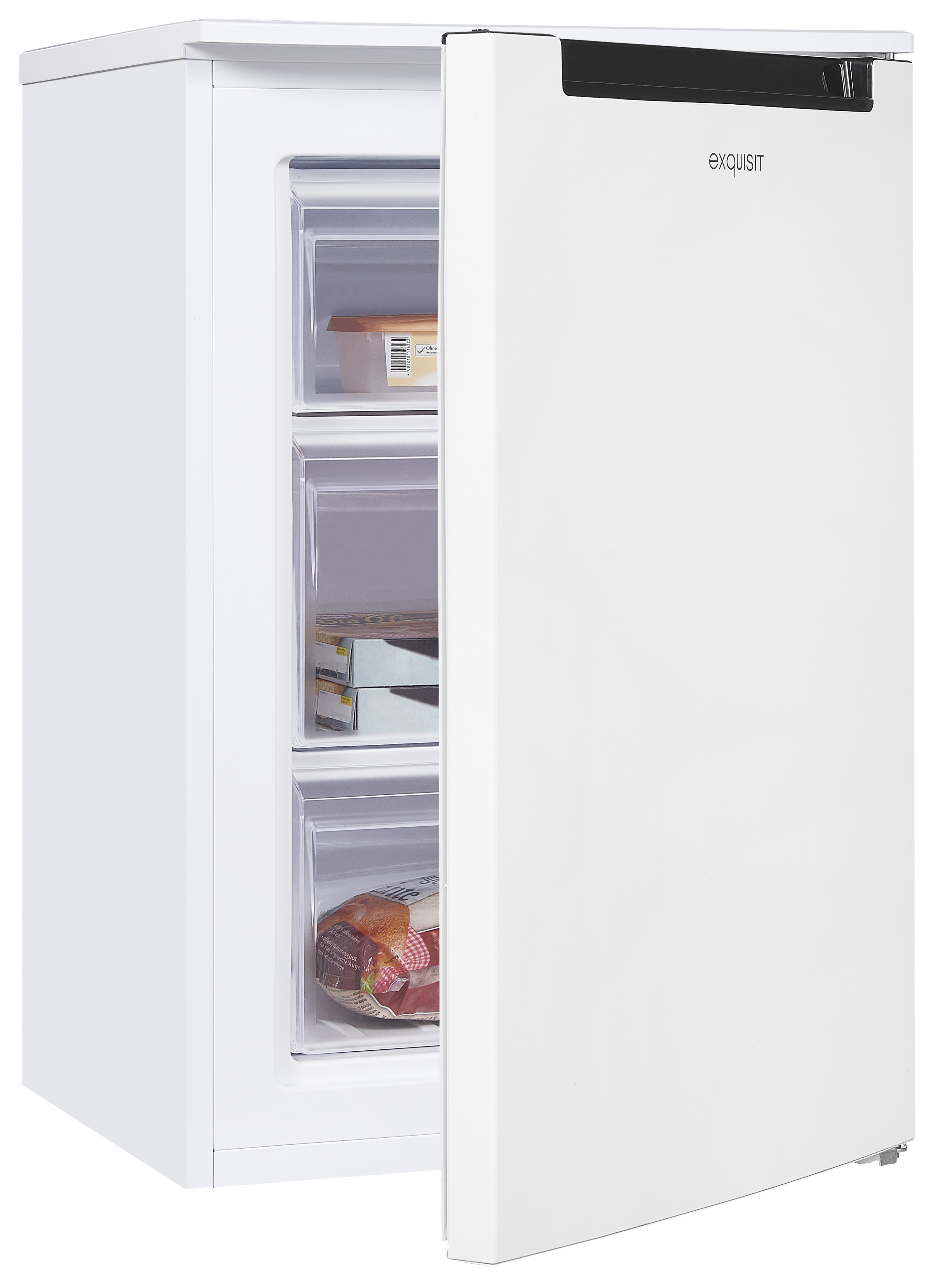 Ein weißer Gefrierschrank mit geöffneter Tür. Er hat transparente Schubladen mit Essen darin. Die Tür trägt den Markennamen 'exquisit'.