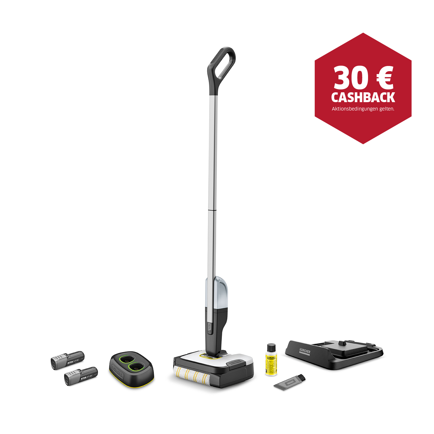 Un aspirapolvere verticale con accessori è in mostra. Un cartello rosso mostra 30€ di rimborso. L'aspirapolvere è argento e nero.
