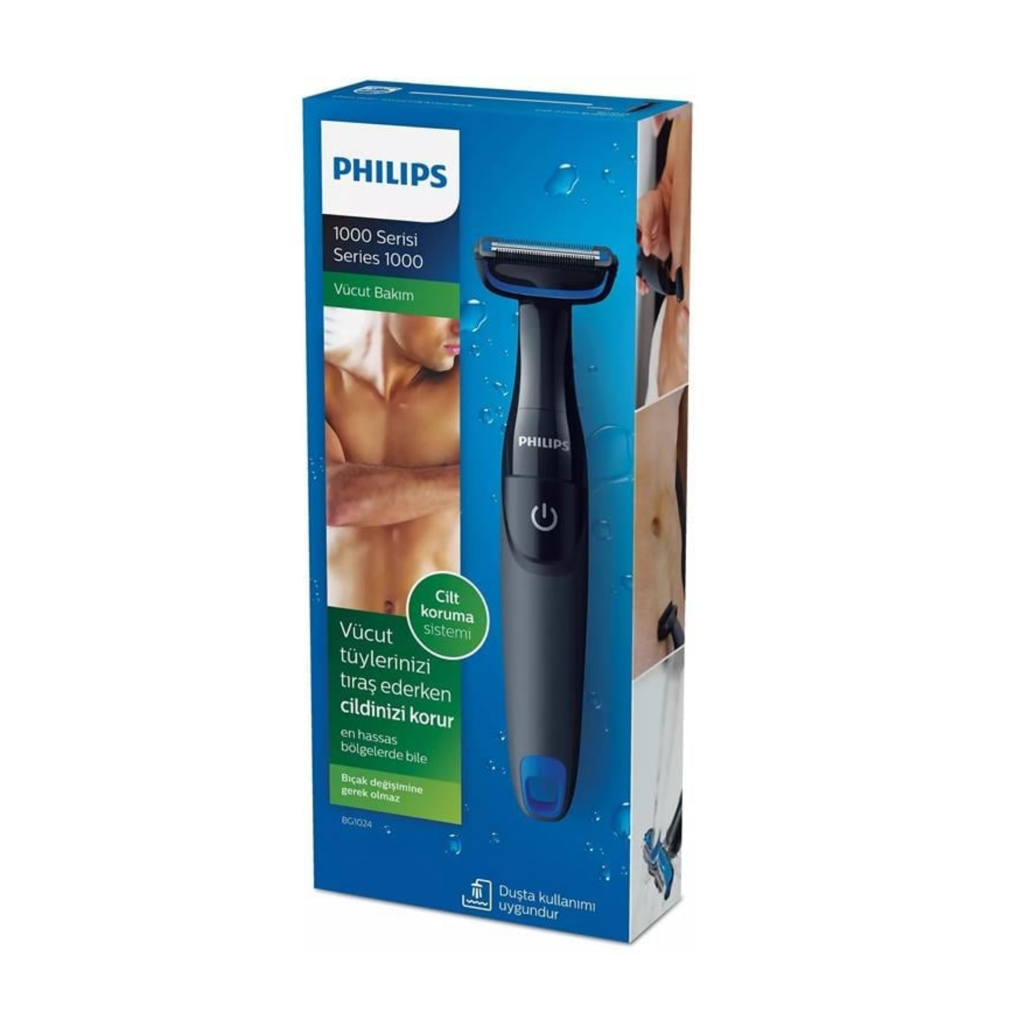 Philips vücut tıraş makinesi kutusu. Kutu mavidir. Ürünü ve özelliklerini gösterir.