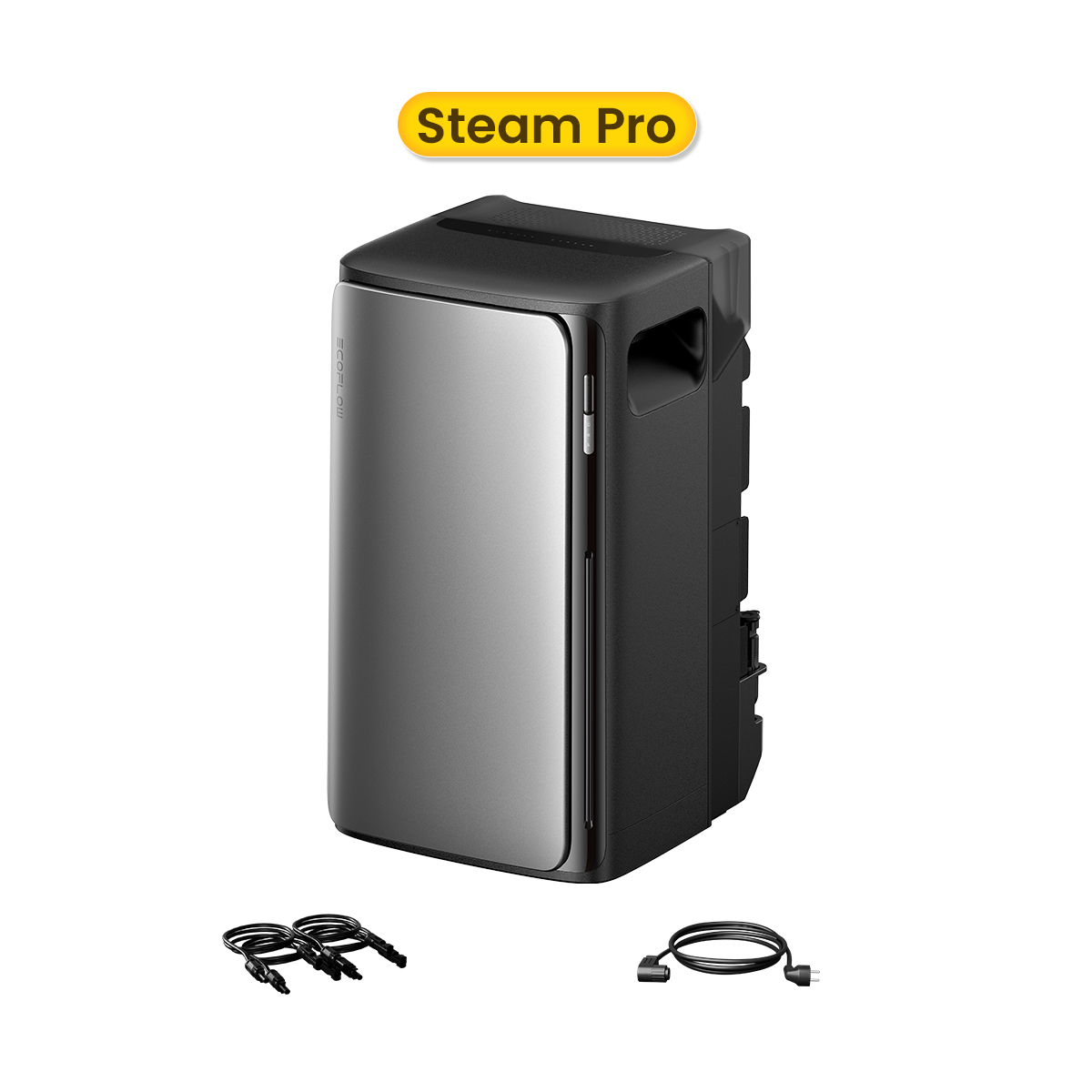 A black and silver Steam Pro device with cables. Yellow banner at the top. White background.