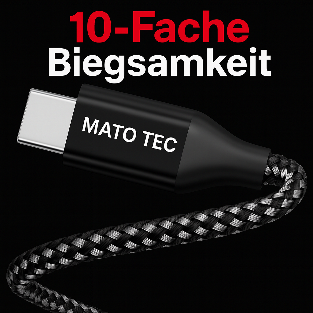 Ein schwarzes USB-C-Kabel mit dem Text 'MATO TEC' und '10-Fache Biegsamkeit' auf schwarzem Hintergrund. Das Kabel hat ein geflochtenes Design.