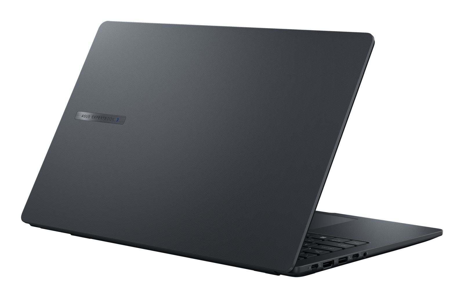 Ciemnoszary laptop z teksturowaną powierzchnią, częściowo otwarty. "ASUS EXPERTBOOK" na pokrywie. Białe tło.