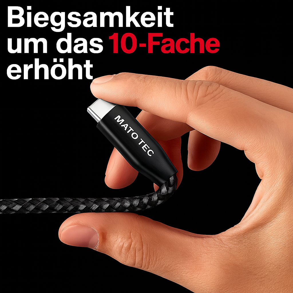 Eine Hand hält ein schwarzes USB-C-Kabel. Das Kabel ist geflochten und der Stecker ist silberfarben. Text auf Deutsch: 'Biegsamkeit um das 10-fache erhöht'.