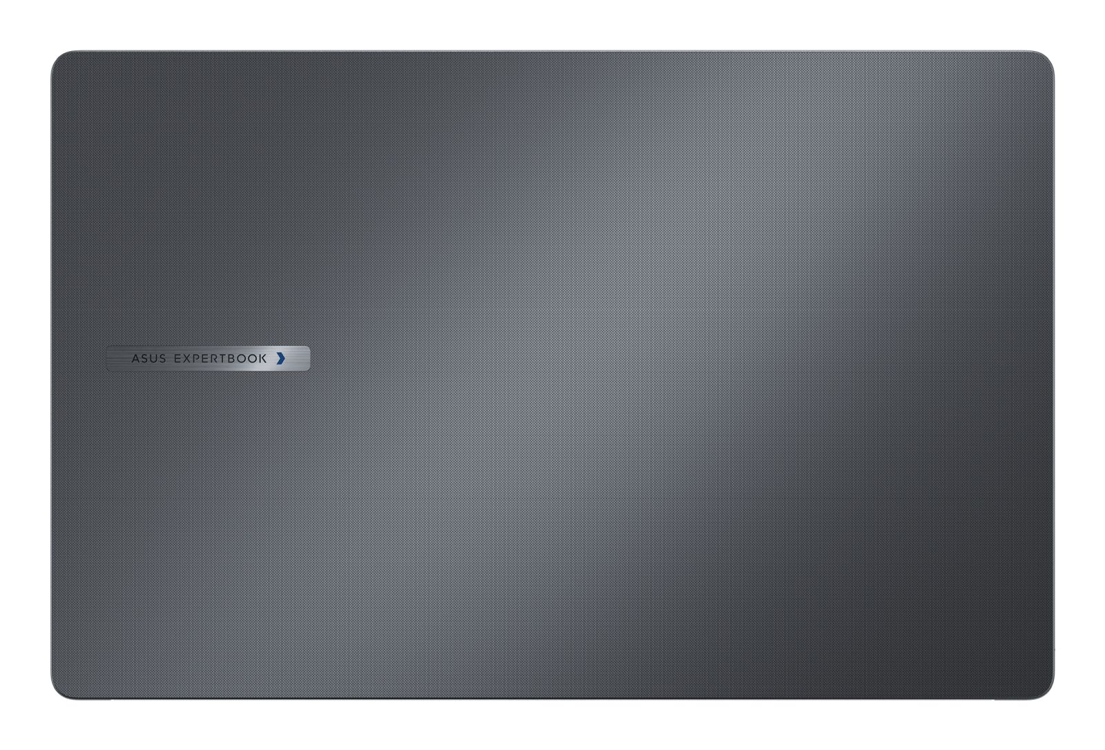 Ciemnoszara pokrywa laptopa z teksturowaną powierzchnią. Logo ASUS Expertbook znajduje się w lewym górnym rogu.