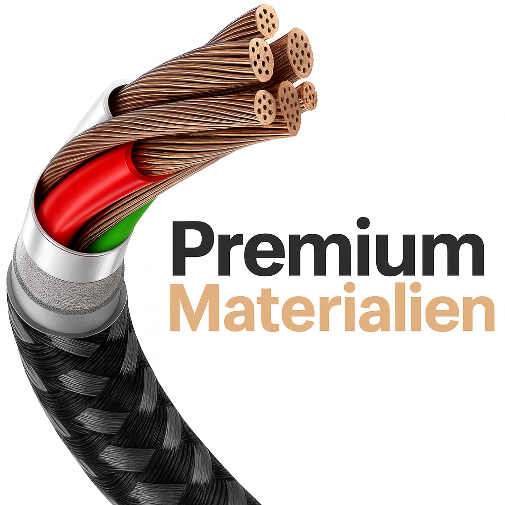 Querschnitt eines Kabels mit Innenleitungen, roter und grüner Isolierung sowie einem schwarzen geflochtenen Äußeren. Text: 'Premium Materialien'.
