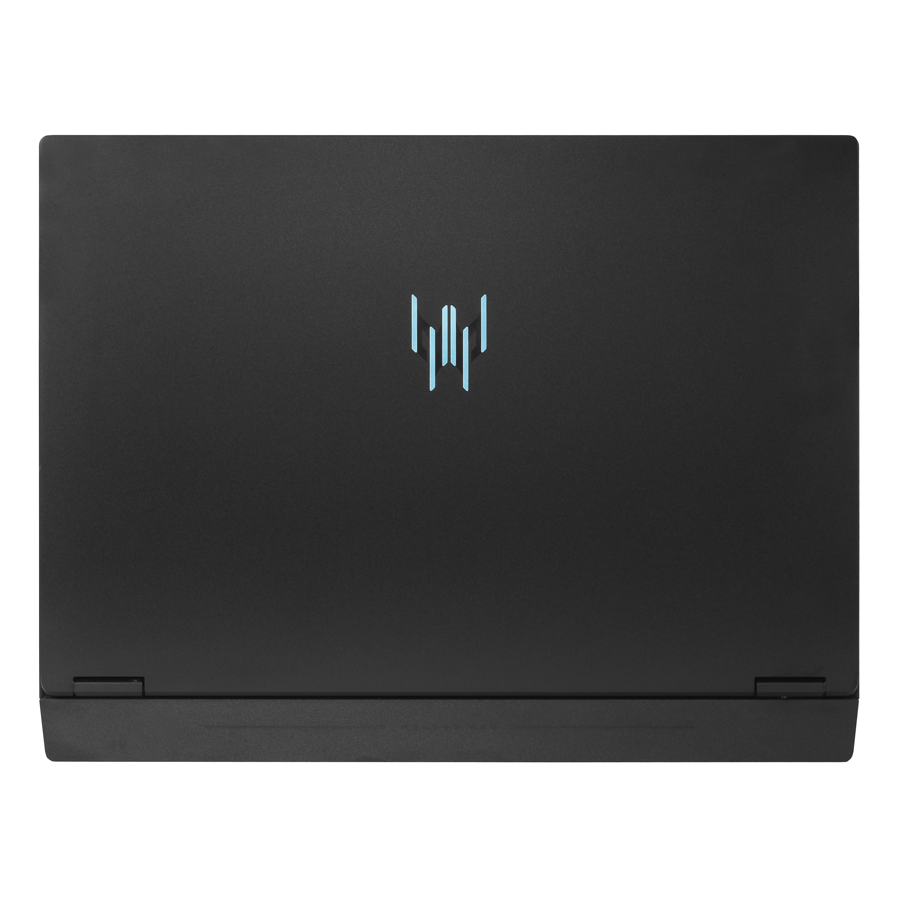 Ordenador portátil negro, cerrado, con un logotipo azul brillante. El portátil está sobre un fondo blanco.