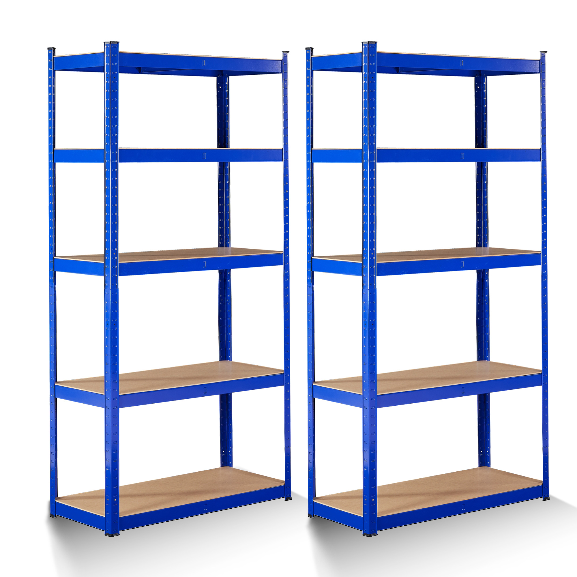 Zwei blaue Metallregale mit Holzregalen stehen vor weißem Hintergrund.