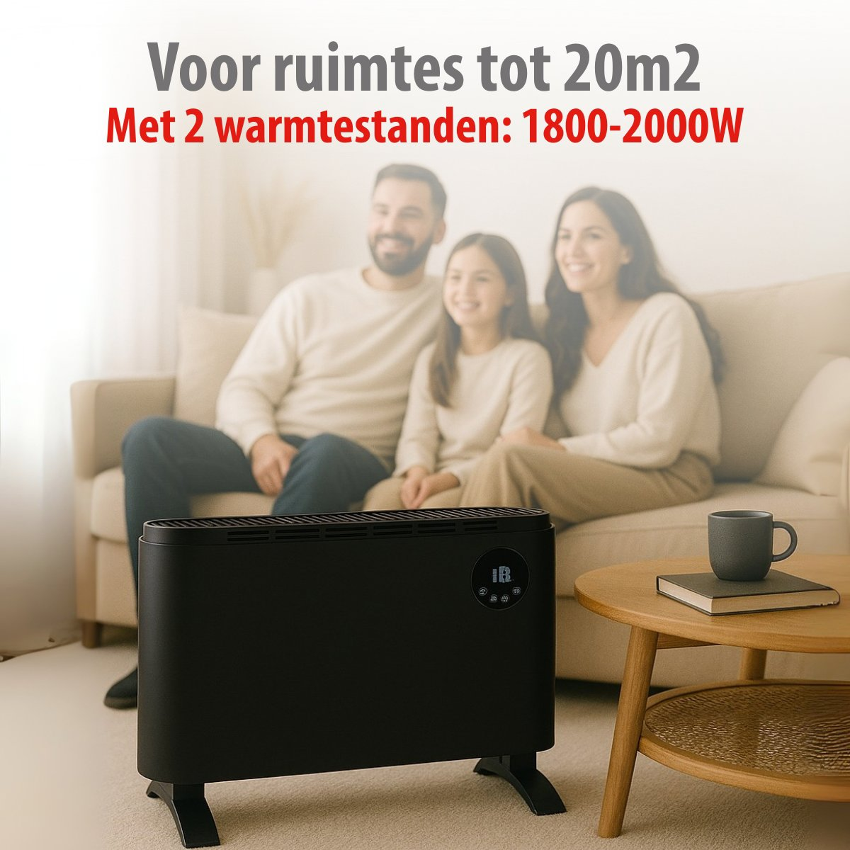 Een gezin zit op een bank. Een zwarte kachel staat op de voorgrond. Een salontafel heeft een mok en een boek. Nederlandse tekst.