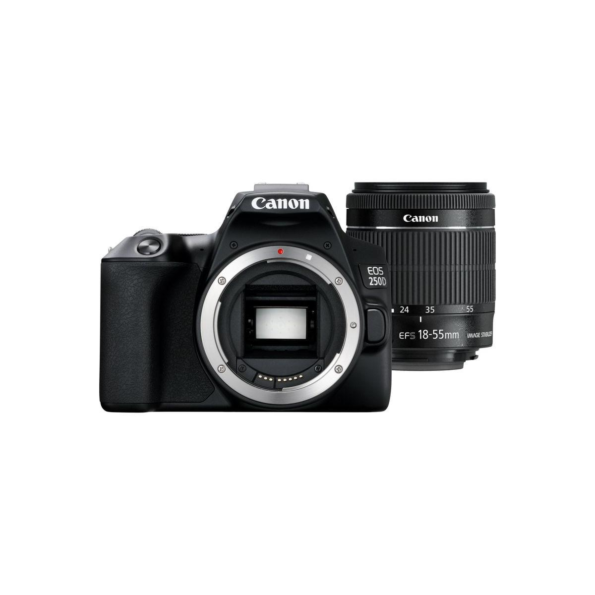 Una fotocamera Canon EOS 250D nera con un obiettivo collegato. L'obiettivo è nero ed etichettato con 'Canon' ed 'EFS 18-55mm'.