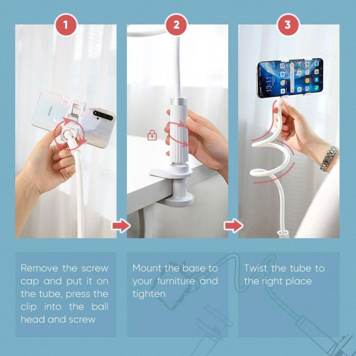 Instrukcja montażu stojaka na telefon. Zawiera kroki mocowania klipsa do telefonu, montażu podstawy i skręcania elastycznego ramienia.