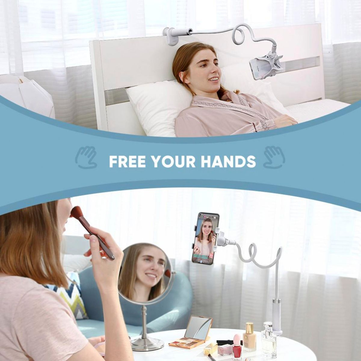 Kobieta używa uchwytu na telefon leżąc i robiąc makijaż. Uchwyt jest przymocowany do łóżka i stołu.