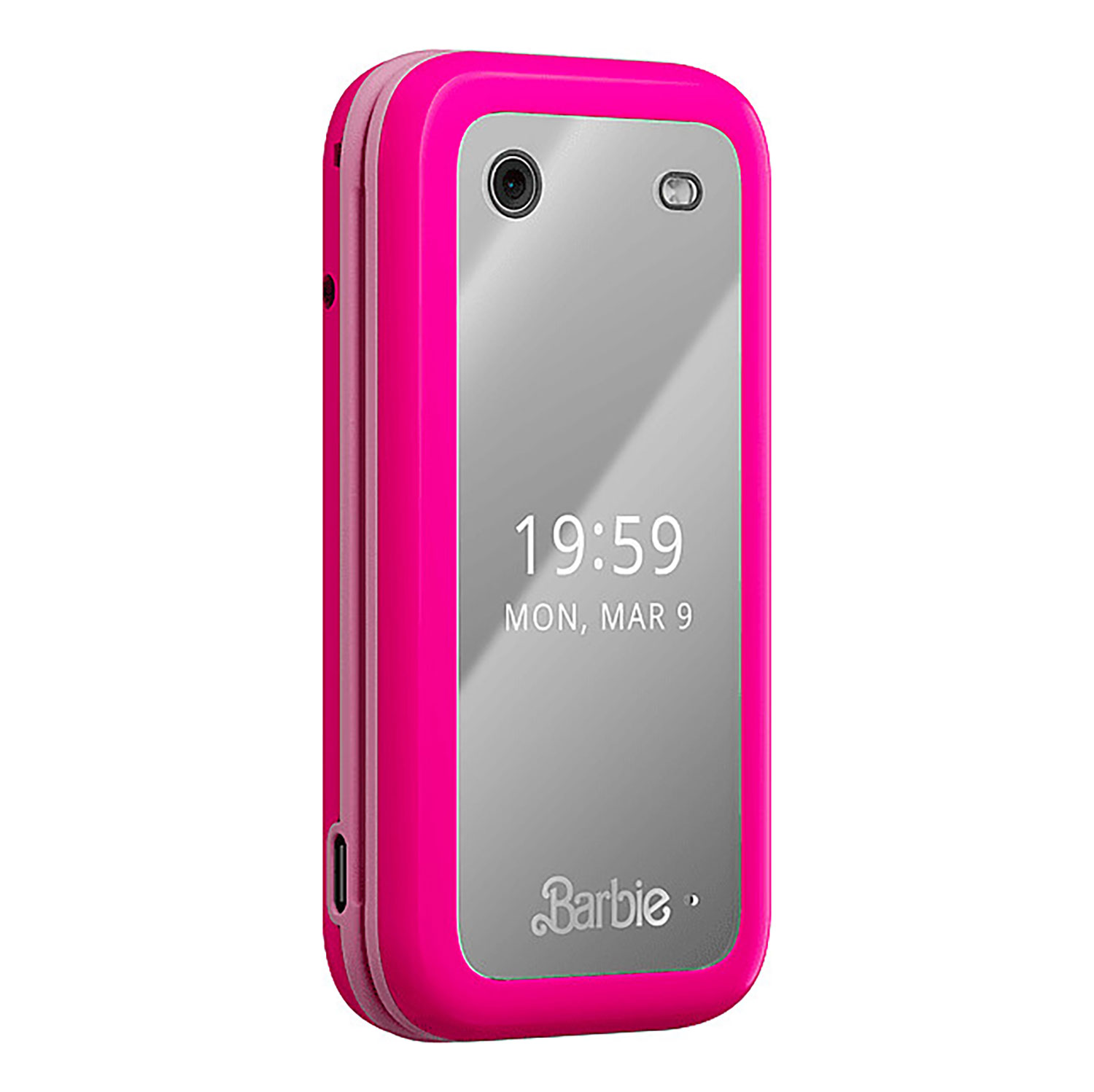 Wyświetlany jest różowy telefon z klapką Barbie. Ekran pokazuje godzinę i datę. Ma aparat i głośnik. Logo Barbie znajduje się na dole.