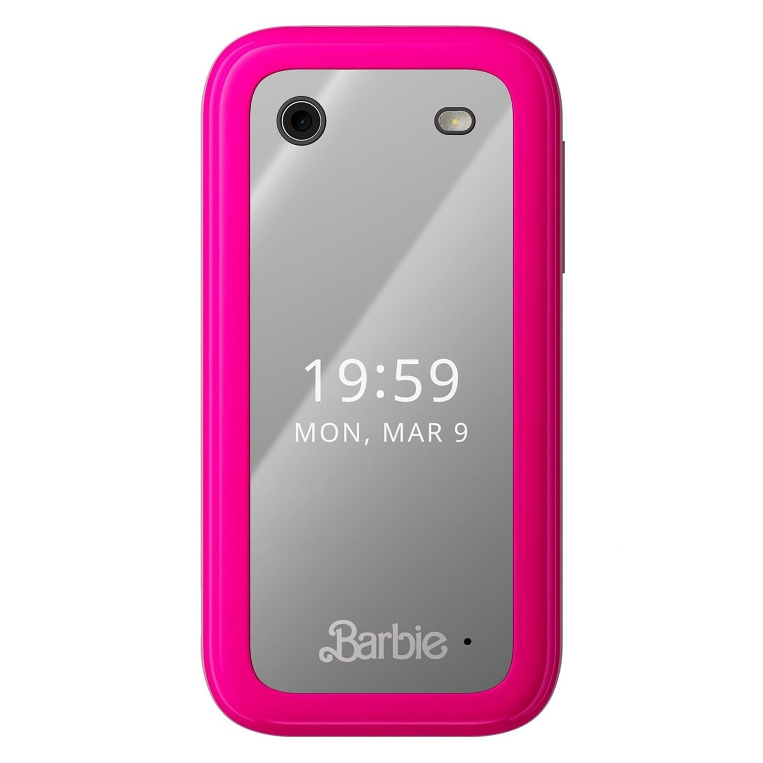 Różowy telefon Barbie ze srebrnym ekranem pokazującym godzinę i datę. Posiada aparat i głośnik, z logo Barbie na dole.