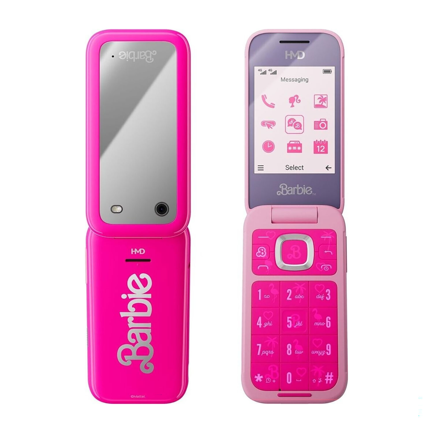 Różowy telefon z klapką Barbie. Otwarty, pokazuje ekran z ikonami. Zamknięty, ma lustro i logo Barbie. Marki HMD i Mattel.