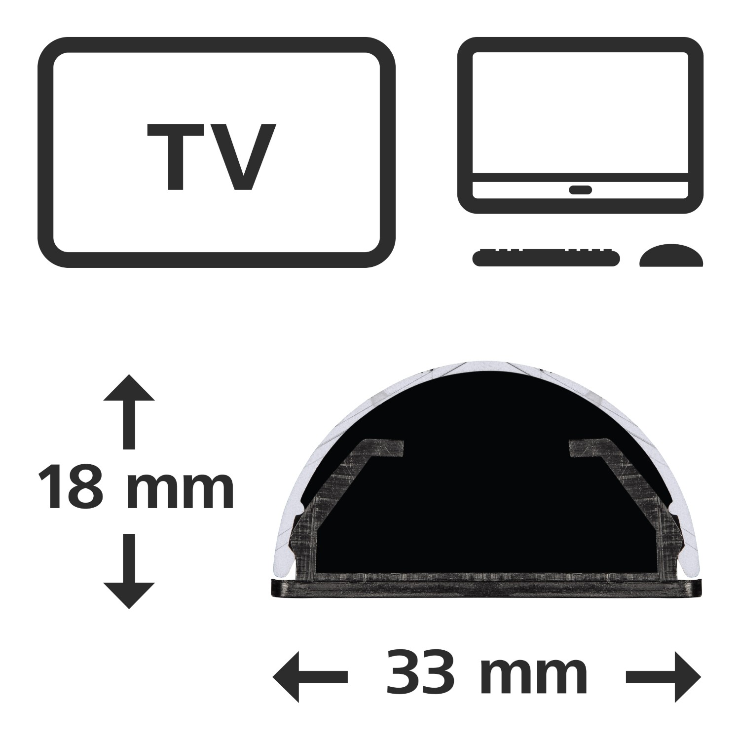 Diagramm zeigt Fernseher, Computermonitor mit Tastatur und Maus sowie Querschnitt einer Komponente. Abmessungen sind angegeben.