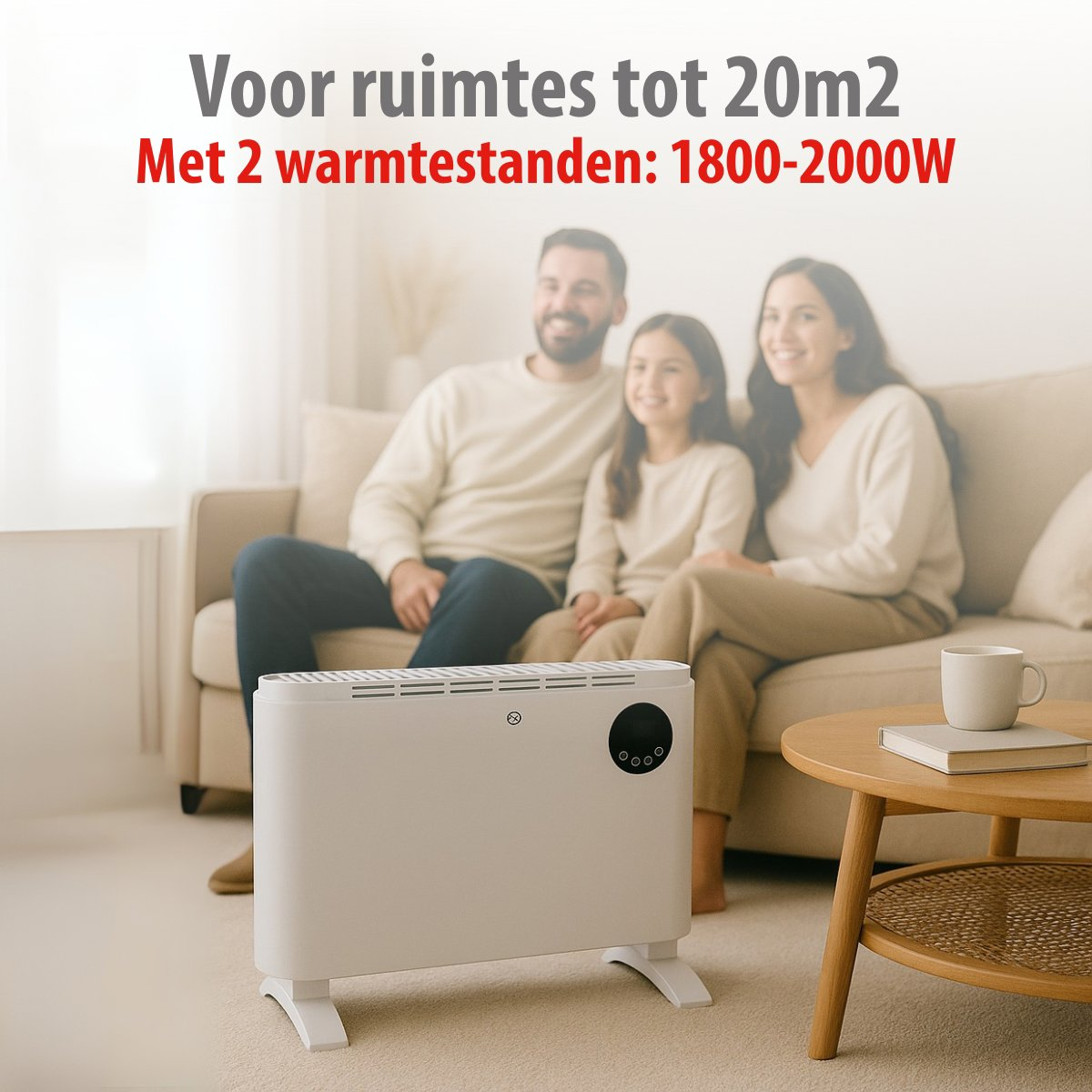 Familie zit op een bank met een kachel ervoor. Een salontafel met een kopje en boek rechts.