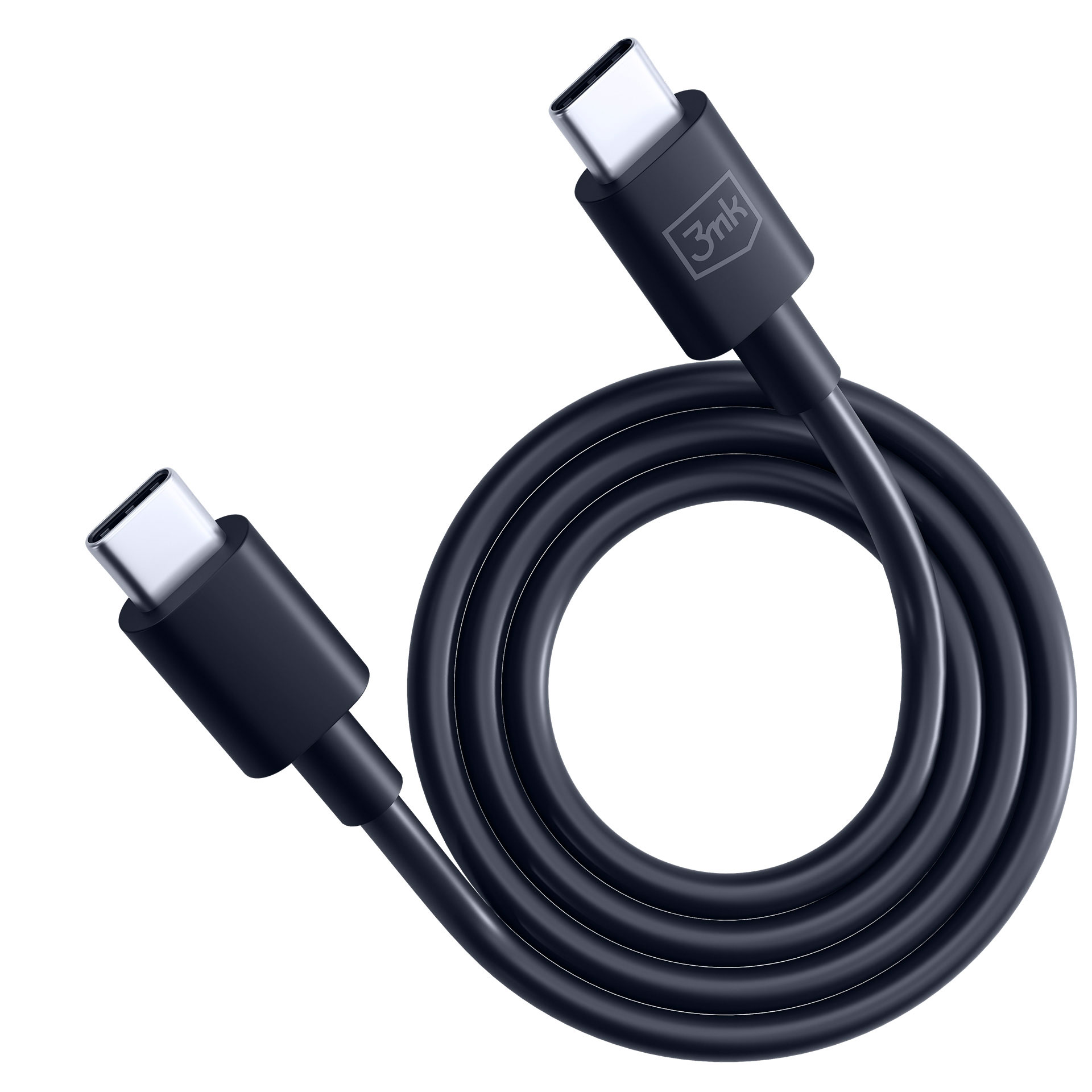 Un cavo USB-C nero arrotolato su sfondo bianco. Il cavo ha un logo 3mk su un'estremità.