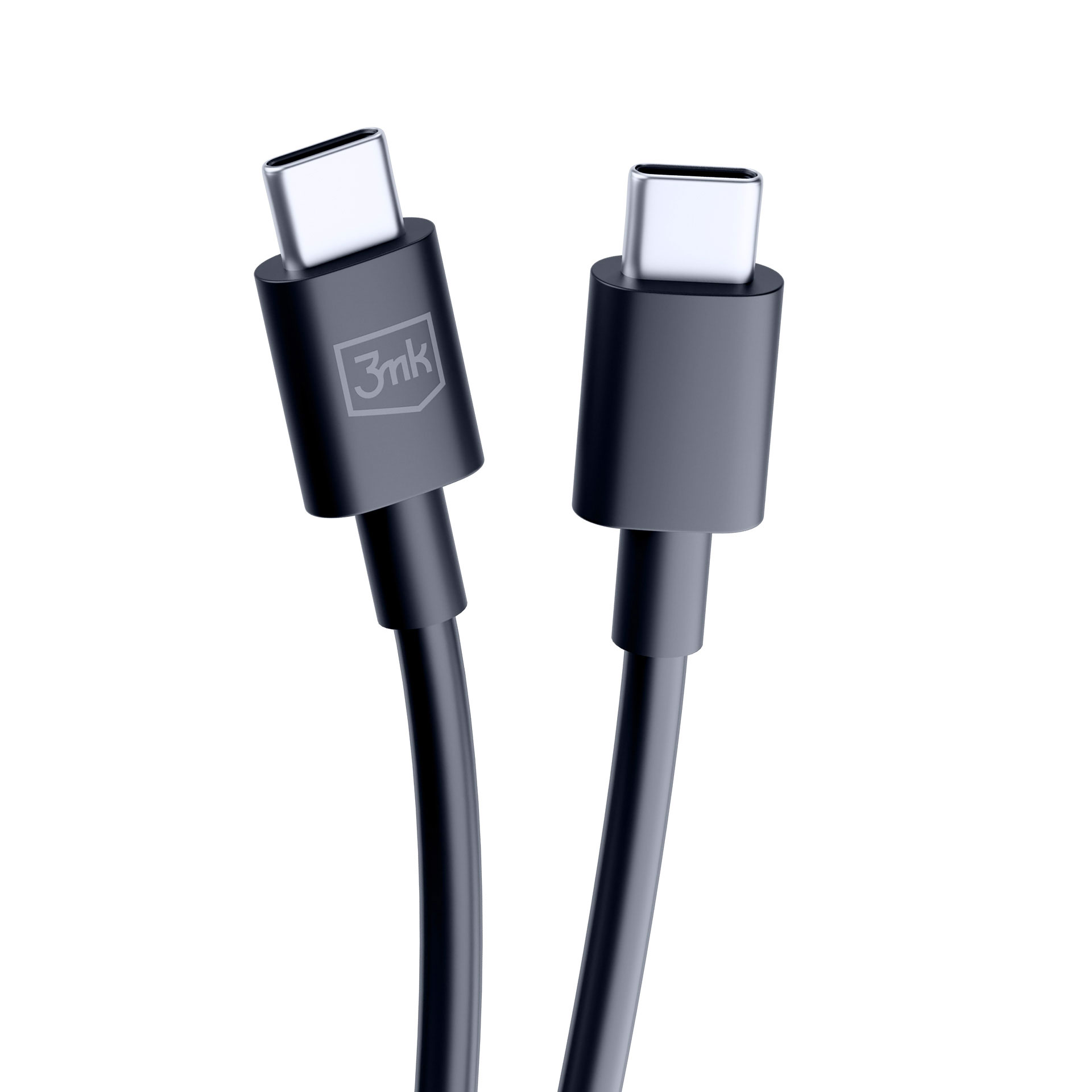 Due cavi USB-C su sfondo bianco. I connettori sono grigio scuro con il logo "3mk". I cavi sono neri.