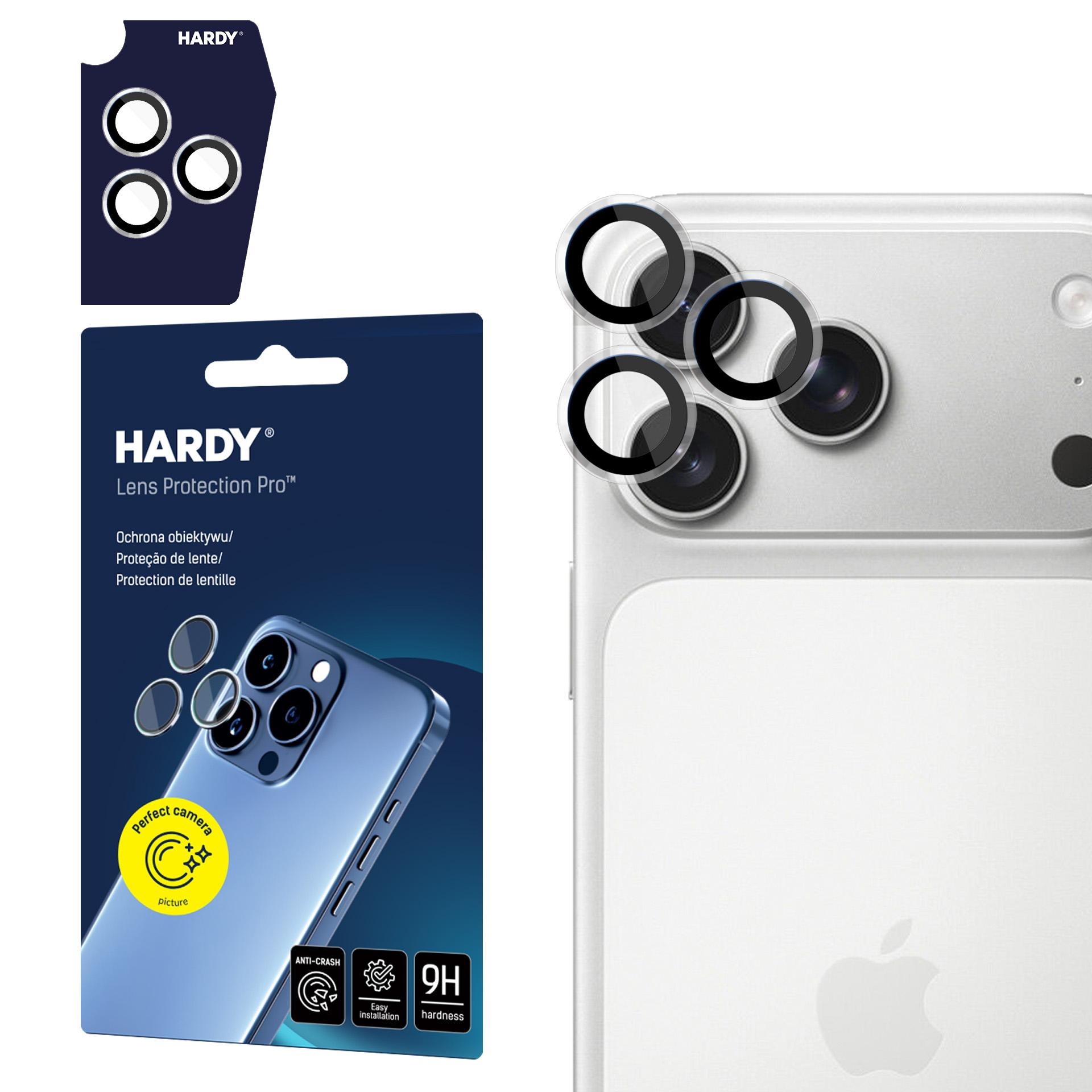 Telefon z osłonami obiektywu i opakowaniem. Na opakowaniu napisano HARDY Lens Protection Pro.