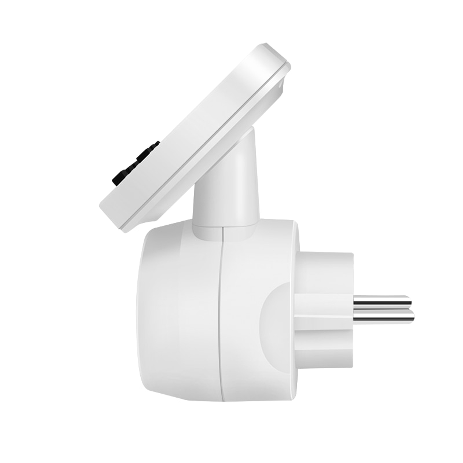 Ein weißer Smart-Stecker mit drehbarem Kopf, Netzsteckern und einem kleinen schwarzen Knopf. Der Hintergrund ist schlicht weiß.
