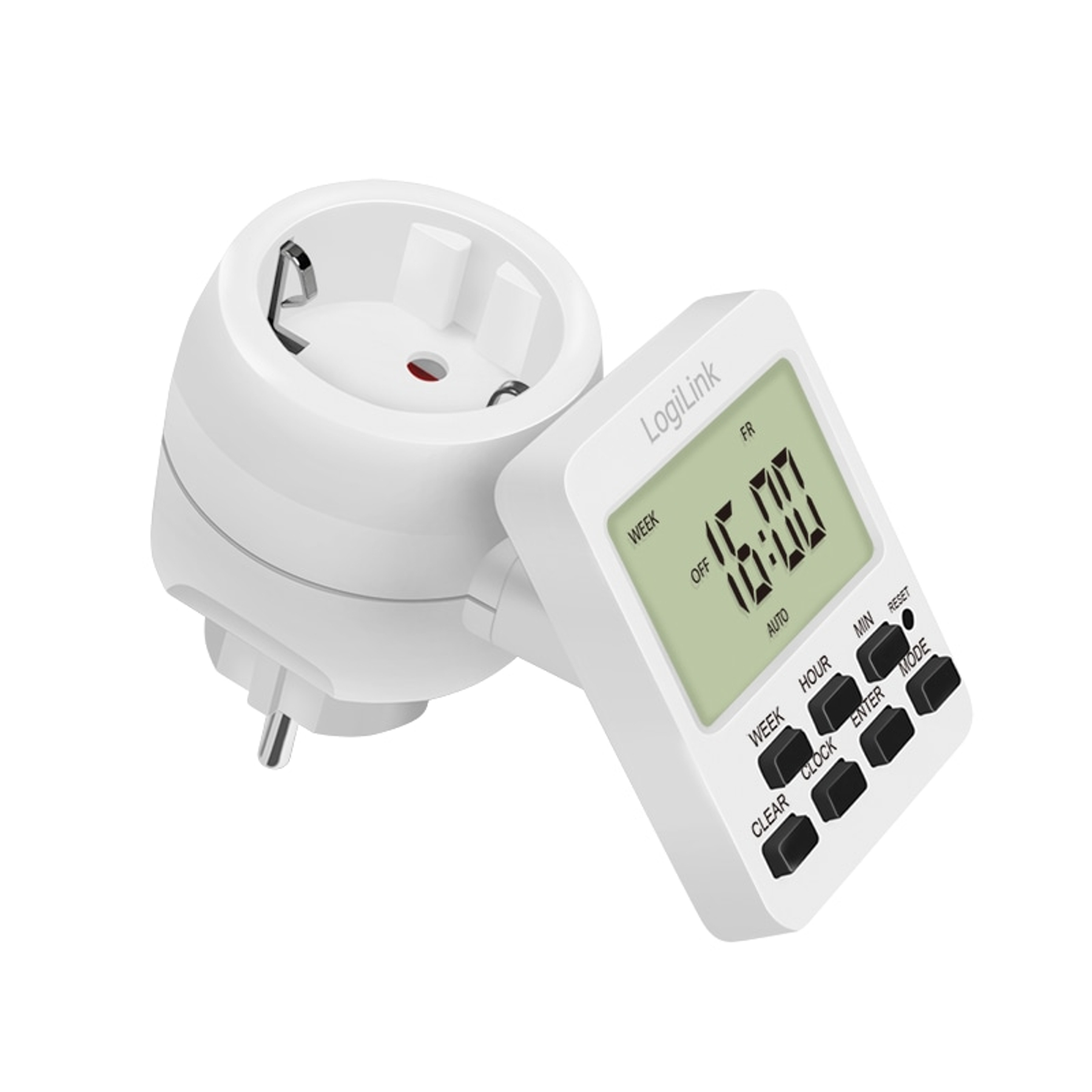 Weißer digitaler Timer mit Stecker. Das Display zeigt 16:00 Uhr an. Zu den Tasten gehören WEEK, HOUR, MIN und MODE.