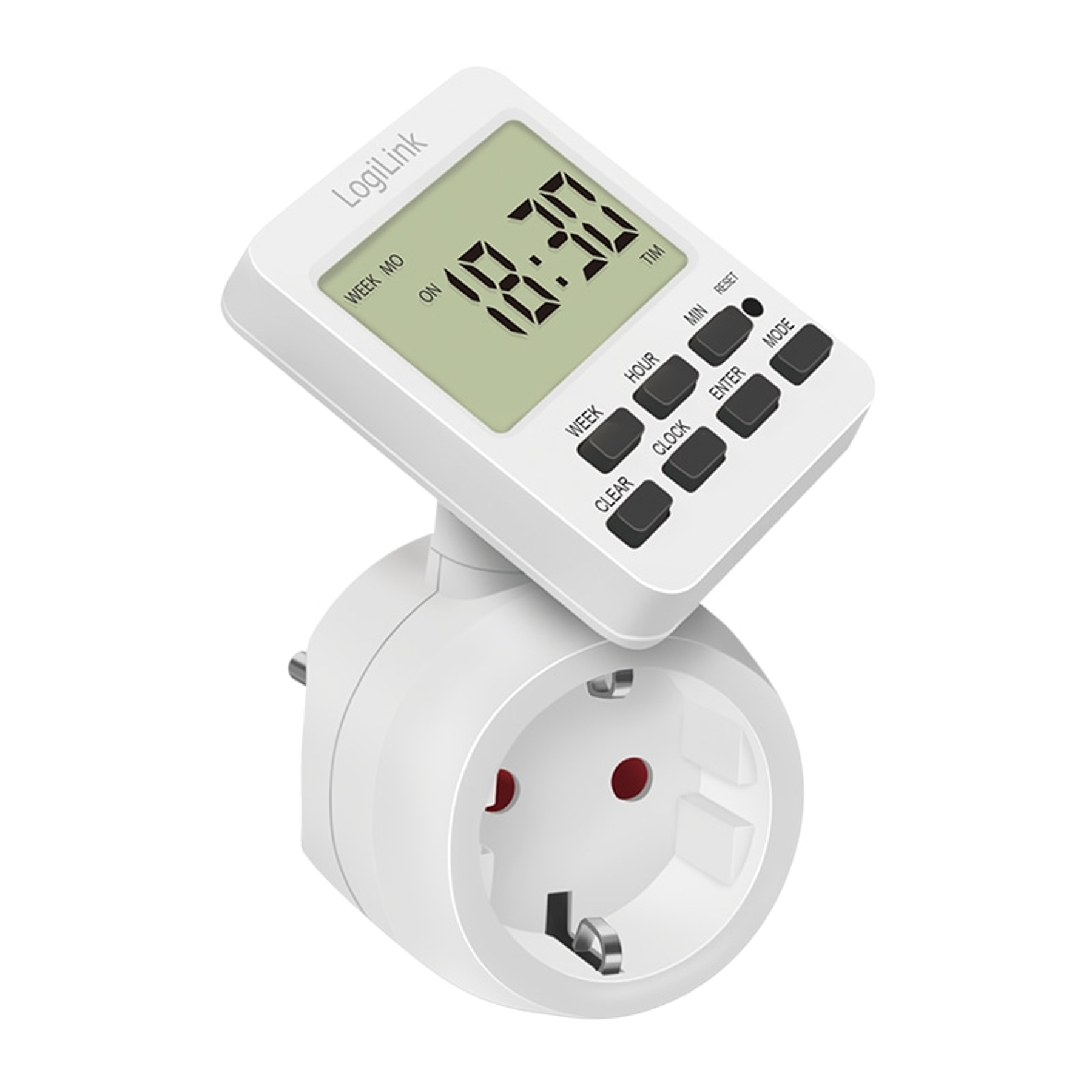 Weißer LogiLink-Timer mit Anzeige 18:30, eingesteckt in eine weiße Steckdose.