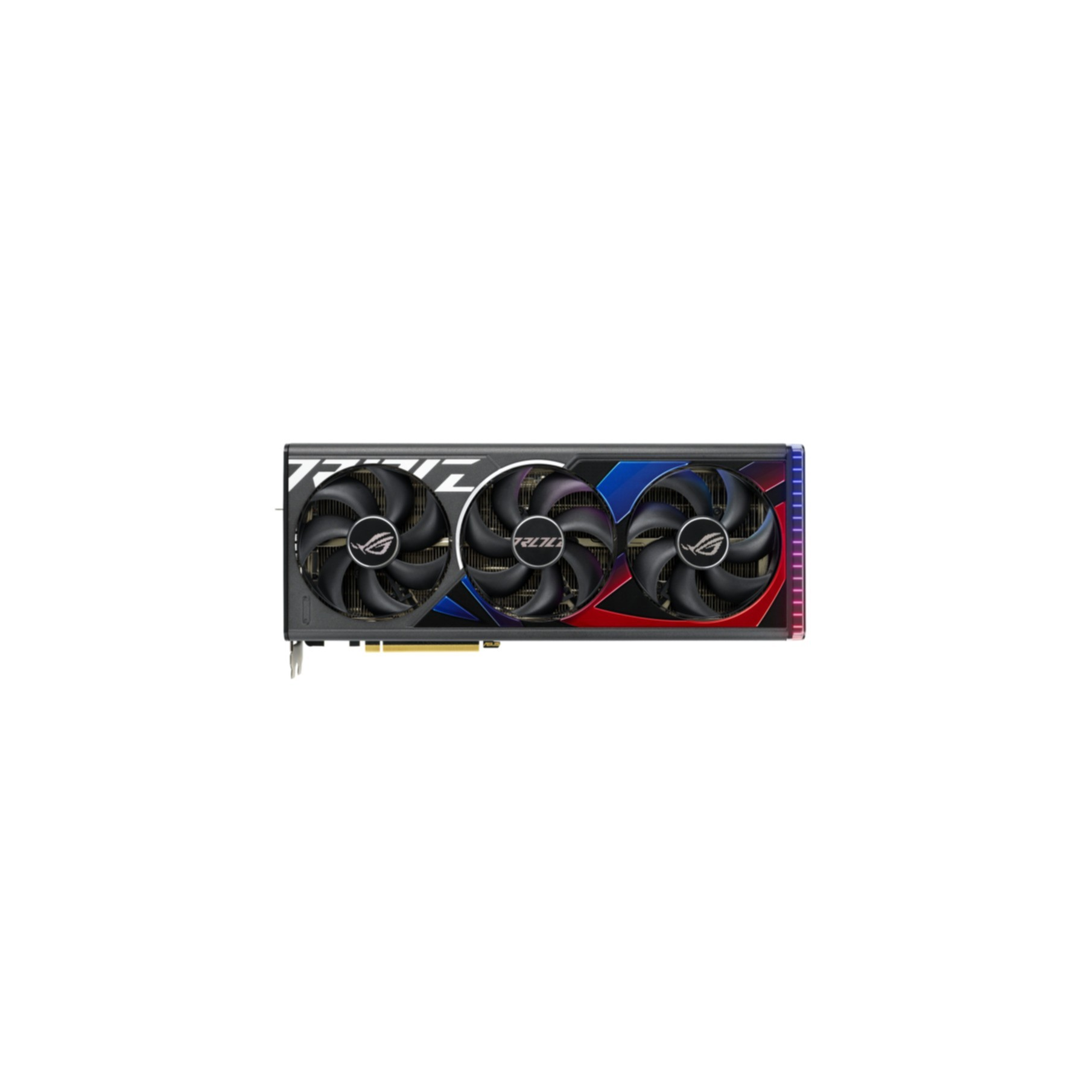 Scheda grafica con tre ventole. Le ventole sono nere con logo ROG. La scheda ha dettagli bianchi, neri, blu e rossi.