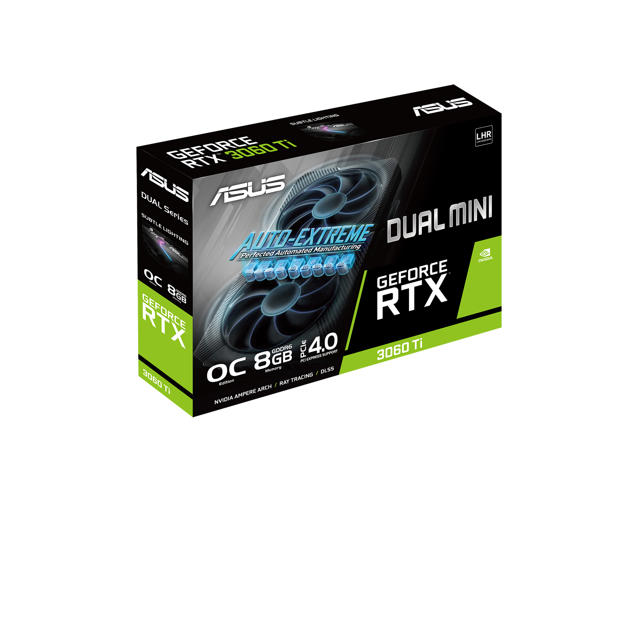 Eine ASUS GeForce RTX 3060 Ti Grafikkarte Box. Schwarz und grün mit Produktdetails und Branding.