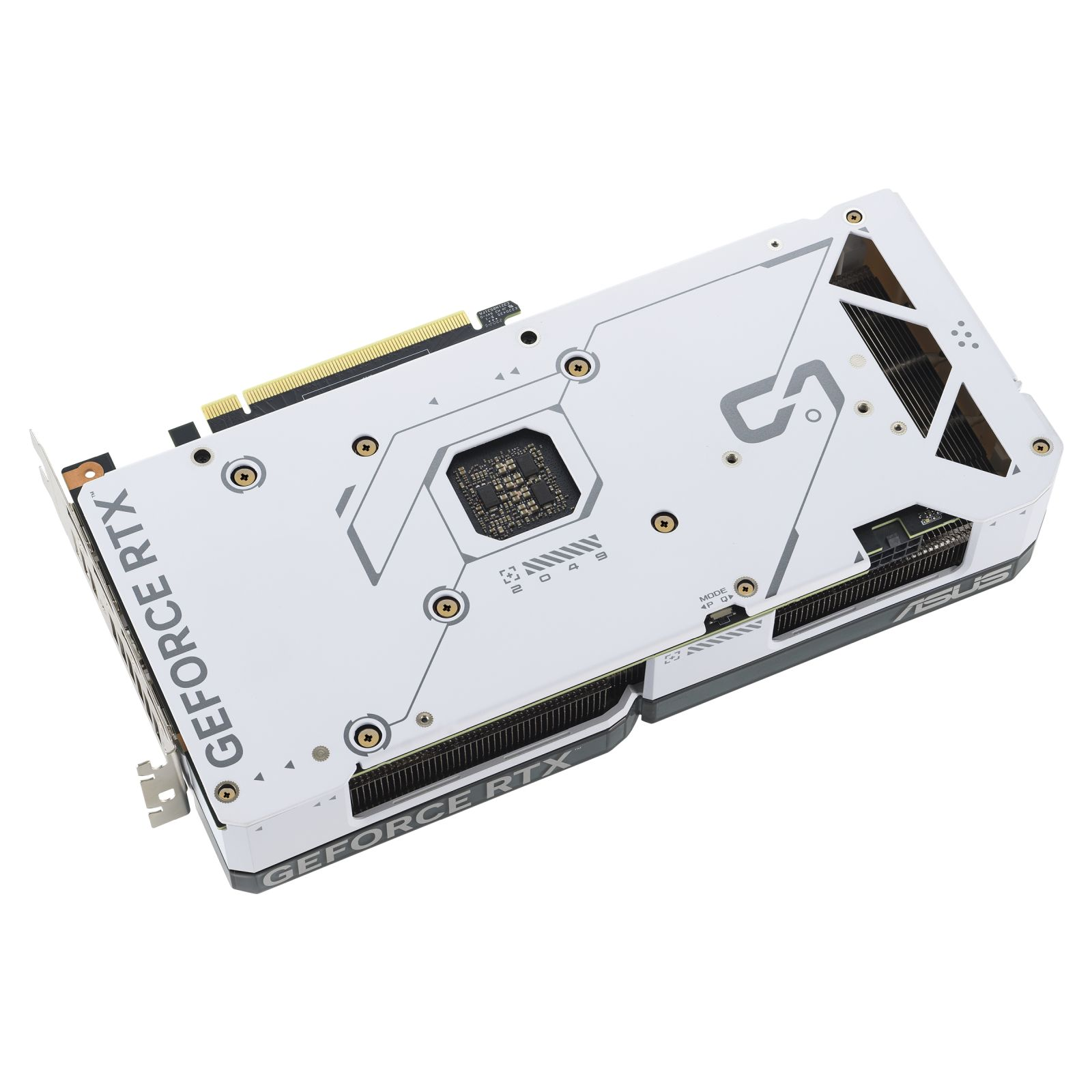 Scheda grafica bianca e grigia con testo 'GEFORCE RTX' e 'ASUS'. Presenta un connettore dorato e alette nere.