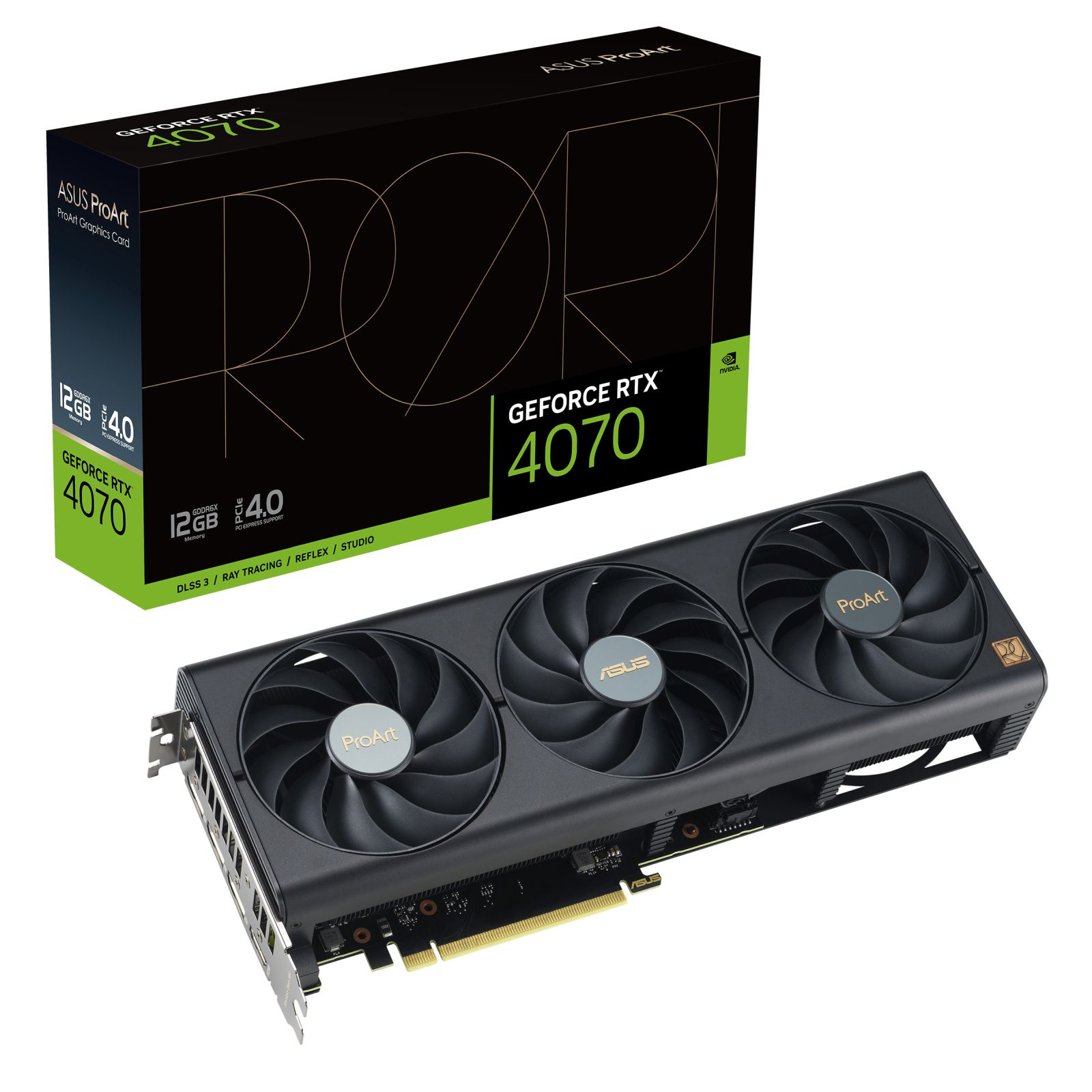 Una scheda grafica ASUS GeForce RTX 4070 ProArt nera e verde con tre ventole e la sua scatola.