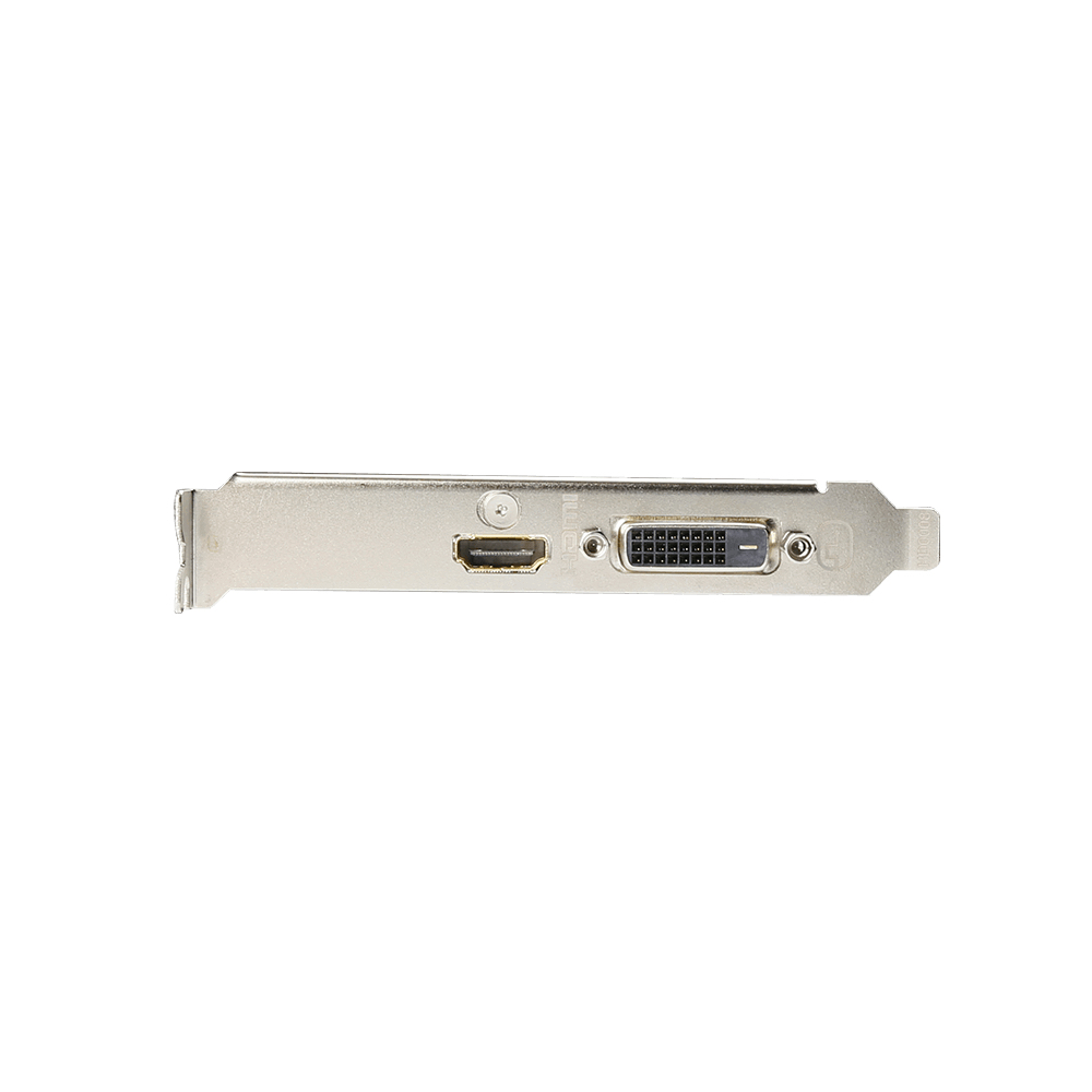 Eine silberne Grafikkarte mit HDMI- und DVI-Anschlüssen auf weißem Hintergrund. Die Karte wird von oben betrachtet.