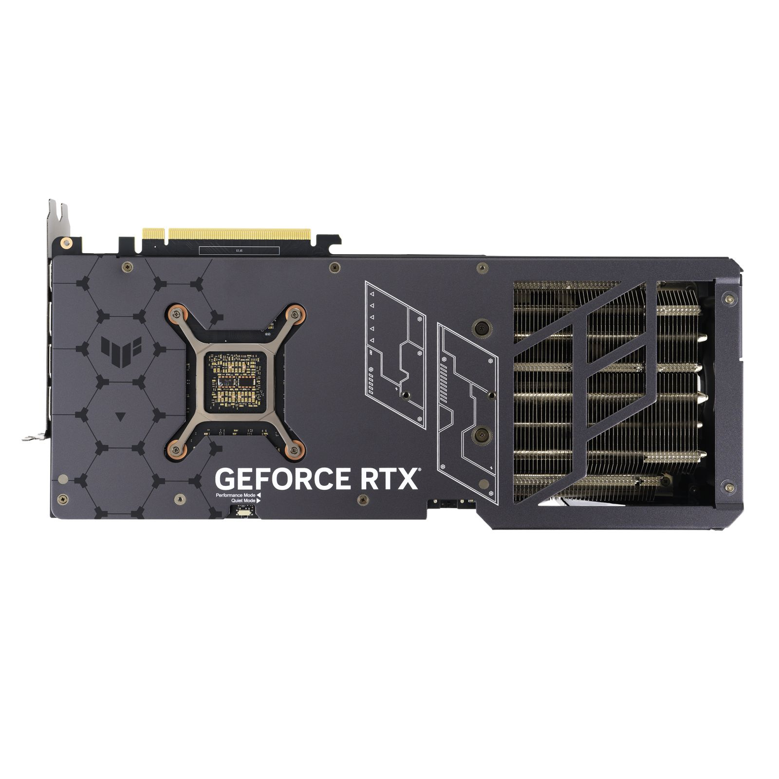 Eine schwarz-graue Grafikkarte mit dem Text 'GEFORCE RTX'. Merkmale sind Kühlrippen, Schrauben und ein goldfarbener Anschluss.
