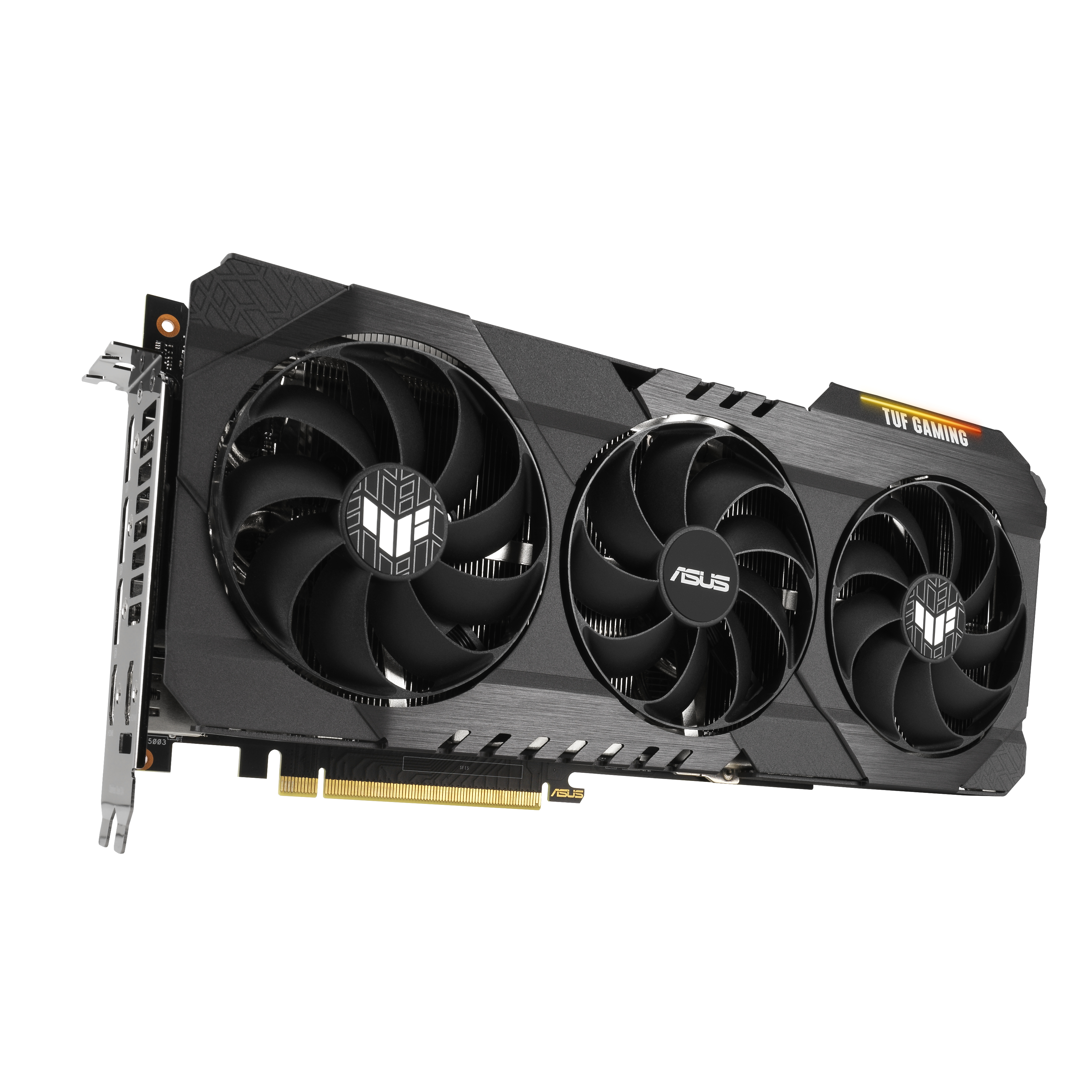 Schwarze ASUS TUF Gaming Grafikkarte mit drei Lüftern. Die Karte hat silberne und goldene Akzente.