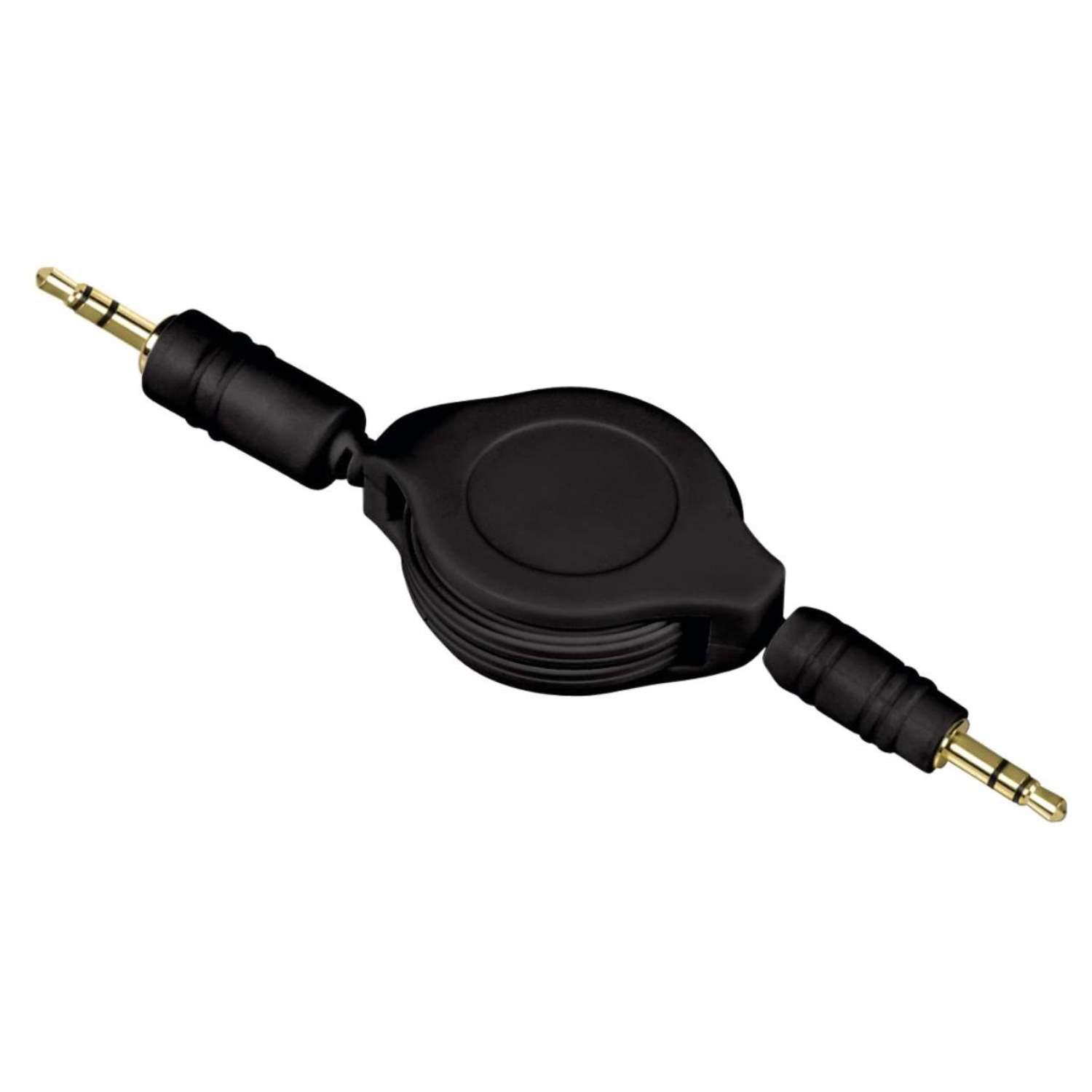 Ein schwarzes, einziehbares Audiokabel mit goldfarbenen Steckern auf weißem Hintergrund.