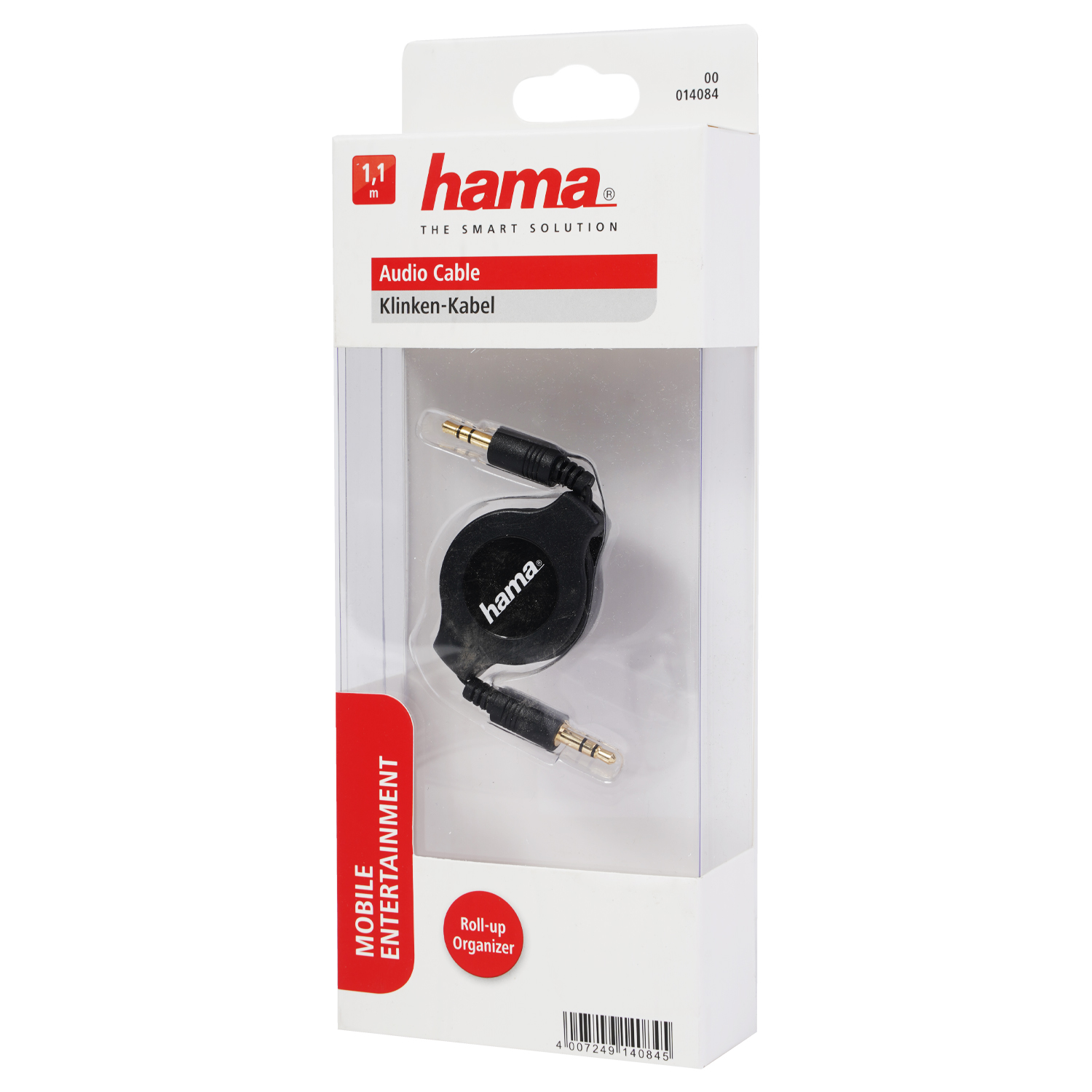 Ein Hama-Audiokabel in seiner Verpackung. Das Kabel ist schwarz, einziehbar und mit 'Mobile Entertainment' beschriftet.