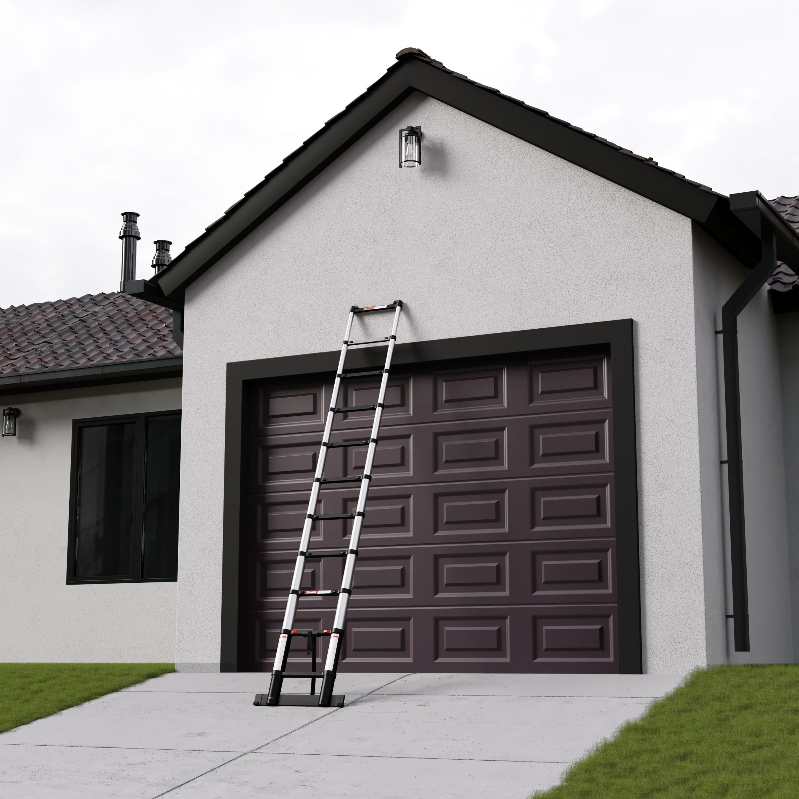 A house with a ladder leaning against the garage door. There is a lawn and cloudy sky in the background.