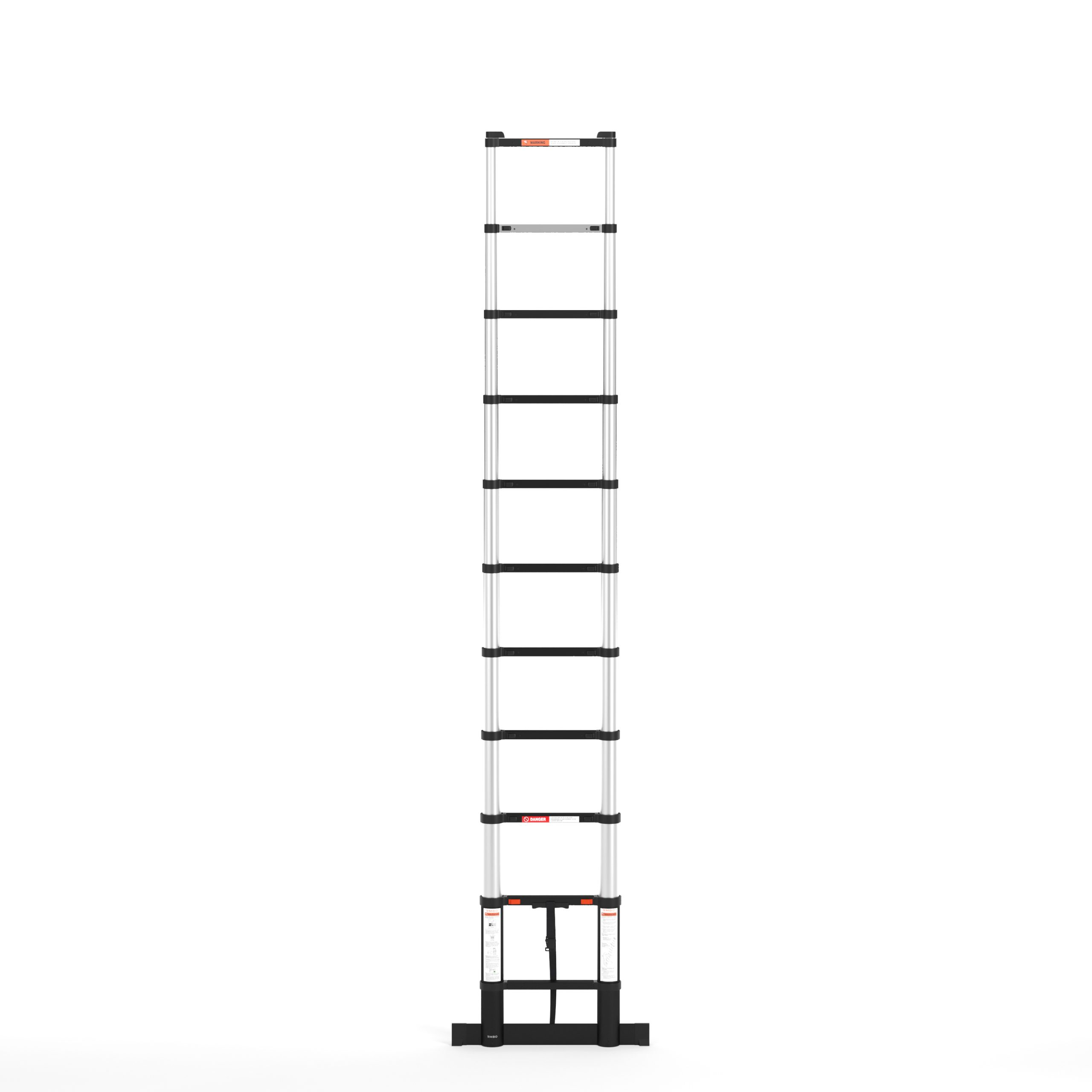 A tall, silver telescopic ladder extends upwards. It has black rungs and base, set against a white background.